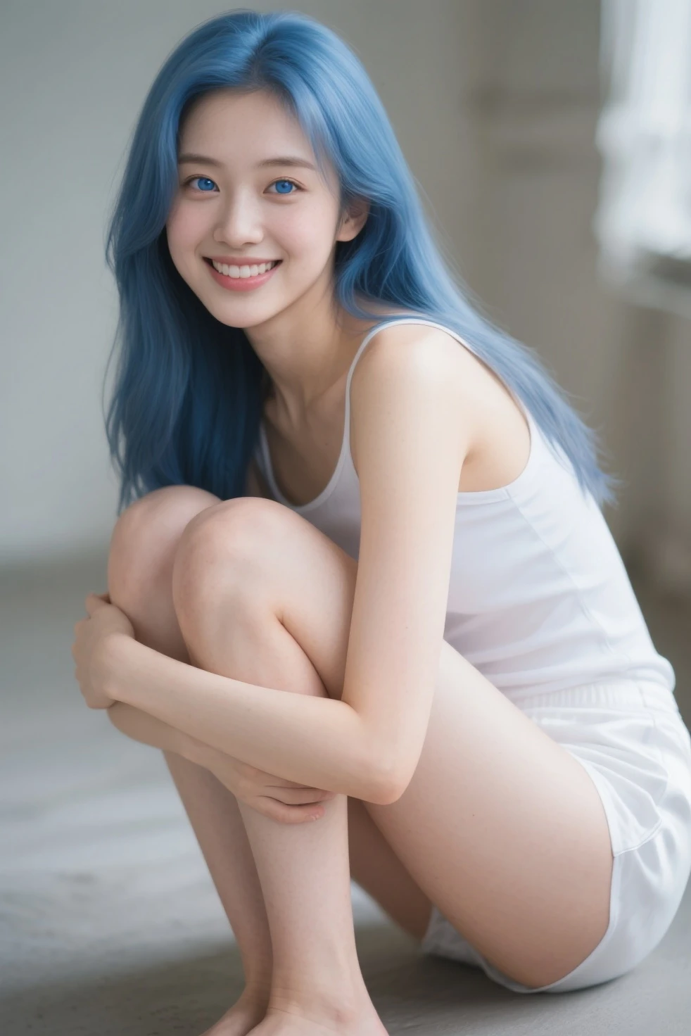 17-year-old girl,Delicate facial features,Beautiful and moving,Juvenile,blue hairs,Loose hair,Barefoot,Crop topping,Sit on your knees,fully body photo,white bed sheet,White Room,delicated,k hd,