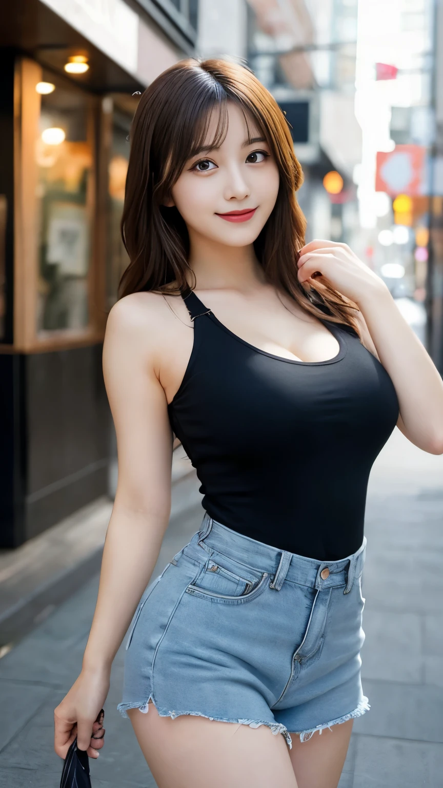 (realistic, high resolution:1.3), 1 girl with perfect figure, super fine face and eyes, long hair, tank top: 1.2 in random colors, short jeans, in a café, coffee on the table, big breasts, exposed cleavage
