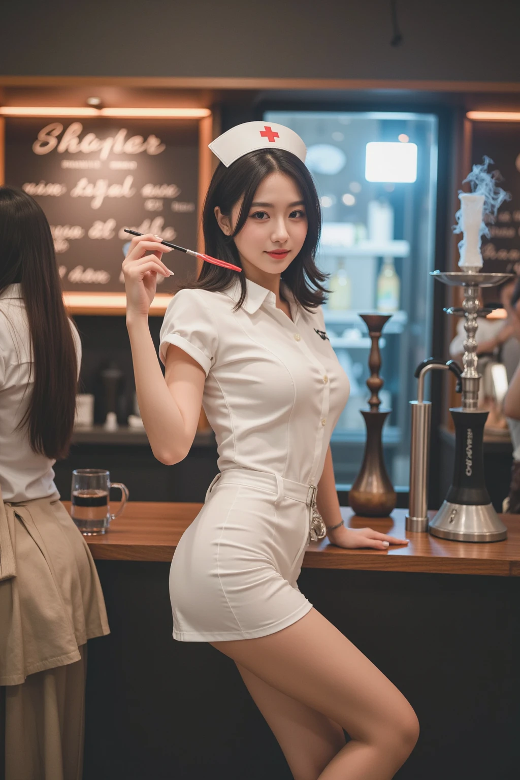 (((((((((Emphasize cleavage))))))))) 
((((((((((White nurse uniform mini skirt, smile))))))))))
(((((Large Breasts)))))
(((((((((No nurse hat)))))))))
 (((((((お洒落でcuteInside the Starbucks store))))))) 
8K、RAW Photos、Highest quality、Super detailed、Super Resolution、Ultra HD、8K壁紙、Amazing details 

(((((((((Inside the Starbucks store)))))))))、
 ((((((Sit down and eat cake、Drink Starbucks coffee、smile))))))、((Heart Necklace)) Modern and sleek design：Interior design using natural materials、Many of the designs are warm and made using wood and metal.。 Large windows：自然光をたっぷり取り入れるためのLarge windowsがあり、Providing a bright and open space。 Green Interior：Potted plants are effectively placed、It creates a relaxing atmosphere。 artwork：Works by local artists、Starbucks-related art on display。 Cozy seating：Cushioned chairs and sofas、Bar sheet etc.、A variety of seating options available。 Open kitchen area：Being able to see how drinks and food are made、We provide peace of mind and transparency。 Unique lighting：Antique lamps and chandeliers、Modern lighting fixtures are used。 Comfortable background music：Relaxing music is playing、A comfortable space is provided。 Wide々Table space：一人でもグループでも使いやすいWide々There is a table with。 Community Table：There is a large table where you can socialize with other customers.。 Seasonal decorations：The decorations are themed according to the season.。 Design with a local feel：The design incorporates the local culture and characteristics.。 Fragrance production：コーヒーの香りが店内にWideがり、A space that satisfies the five senses has been created.。 Conversation with a barista：フレンドリーなConversation with a baristaが楽しめるカウンターエリアがあります。 8K、RAW Photos、Highest quality、masterpiece:1.2、Super detailed、Super Resolution、Ultra HD、8K壁紙、Amazing details、Photorealistic:1.4、Having fun by the water、Full Body Shot、Full body photo、High-resolution RAW color photos、Professional photos、A scene full of emotion、Very detailed and beautiful、Ultra HD、8K壁紙、Amazing details、Huge file sizes、Highly detailed beautiful girls、Highly detailed face Highly detailed eyes、Extremely realistic skin、 Highly detailed fingers, Highly detailed nose, Highly detailed mouth, Perfect Anatomy, Highly detailed background, Highly detailed clothing, Teen, cute女の子, Famous Japanese Idols, cute, Realistic body, Slender, White skin, Glowing Skin, Slim body, Realistic Face, Delicate eyes, double eyelid,

