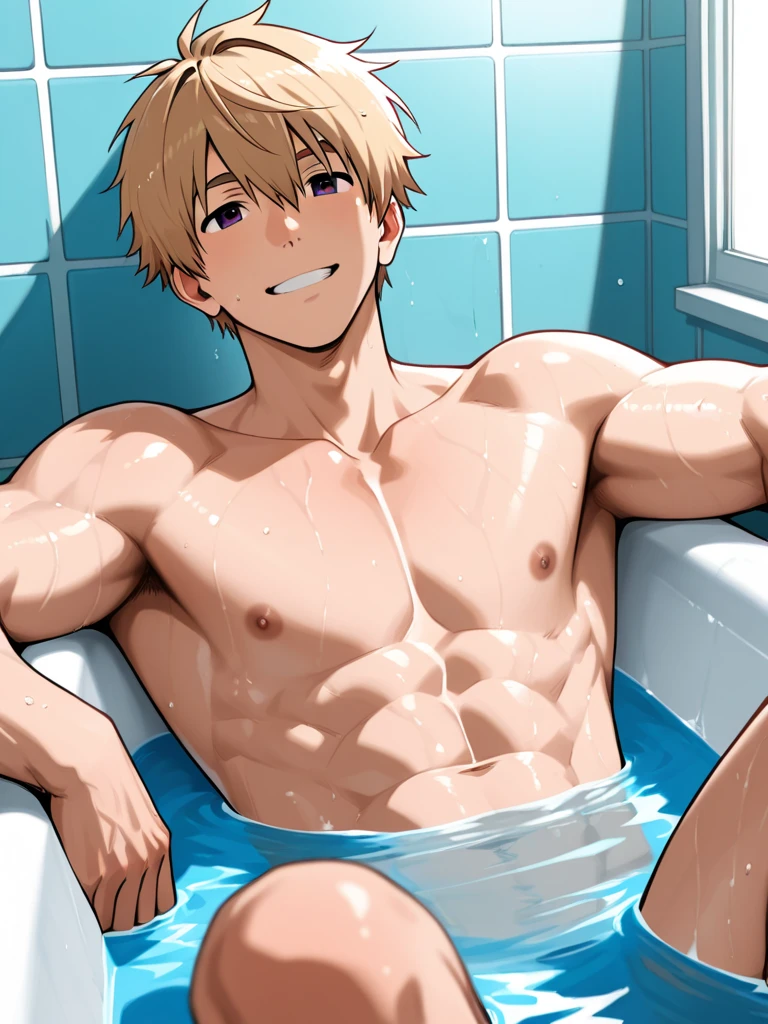 Man with a kind and very attractive face, clear skin, large, strong and toned body. honey blonde hair, gray eyes. shirtless. He has orange cat ears. He is in a bathtub, he is bathing