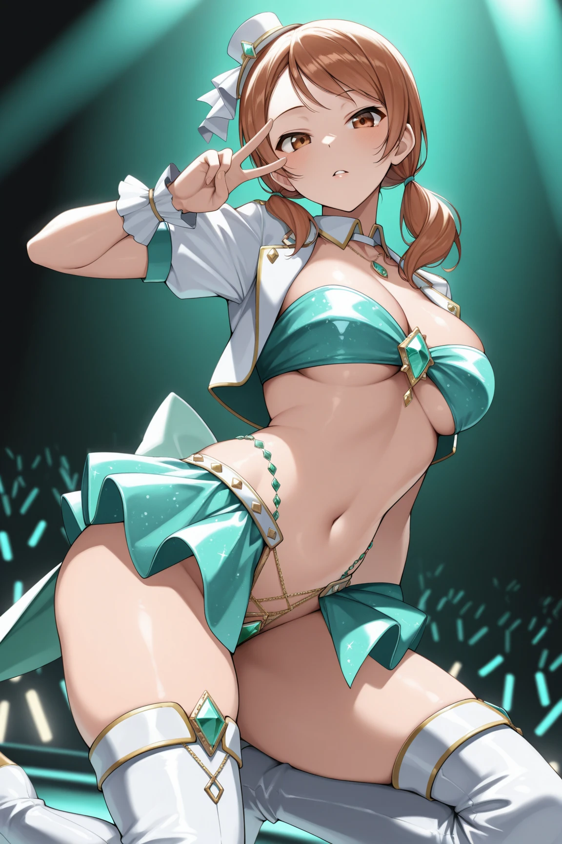 score_9, score_8_up, score_7_up, source_anime, sakimiya iruka, red hair, green eyes, one side up, medium hair, green scrunchie, hair ornament, shiny skin, rating_explicit, large breasts, large ass, Strip dancer, dancing, side boob, under boob,(cameltoe:1.2), (embarrassed, tearful), (sweat:1.3), wet clothes, (steam on body, heavy breathing), on stage, pole