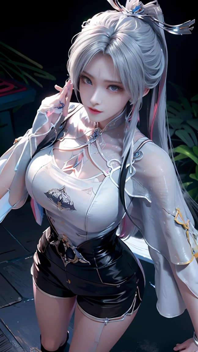 a white hair、Close-up of miss wearing white mask, Beautiful character painting, guweiz, Gurwitz-style artwork, White-haired god, author:Yang Jie, Epic and beautiful character art, Stunning character art, author:Fan Qi, by Wuzhun Shifan, pixiv Art Street Guviz, Single ponytail, insult, High Ponytail, Tall and big, Long legs, (sleeveless lace shirt), (shorts), (Striped )), ((Striped )), Walk, elegant, dignified, miss, Beautiful curves, sweet smile, Strong sense of detail and layering, Rich and colorful color, Has a unique texture, rich and colorful, color, vivid, Design Art, 16K, Super detailed, {{illustration}}, {Extremely refined}, {Exquisite surface treatment}, Super detailed, Delicate and shining eyes, {{Light}}, Ultimate light effect, Model: realism, CFG size: 12, Laura: Bright texture (1.35), high quality, masterpiece, Exquisite facial features, Delicate hair depiction, Detailed depiction of the eyes, masterpiece, best quality, Light line tracing, Extremely detailed CG unified 8k wallpaper, masterpiece, best quality, (1 girl), Perfect Miss Body, (((Skinny white T-shirt))), beautiful eyes, (Delicate face), short black hair, Tie your hair up, Light blue hairpin, Black silk frame glasses, in class, (White skin), (Optimal Lighting), (Super intricate details), 4k unity, (Super detailed CG), Showing off her white legs, , Hot Pants, shorts,Sexy Long Legs, Thin waist, Sweat runs down my waist, Showing belly, Extremely detailed depiction, Pink Hair, Asymmetrical bangs, Transparent clothes, Hands on thighs, Move your eyes away, 8k resolution, Raise an eyebrow, shiny hair, Flower head, Wristbands, bandage,Leather sexy pose, simple grey background, Climbing towards the viewer, Kitten pose, On all fours,
