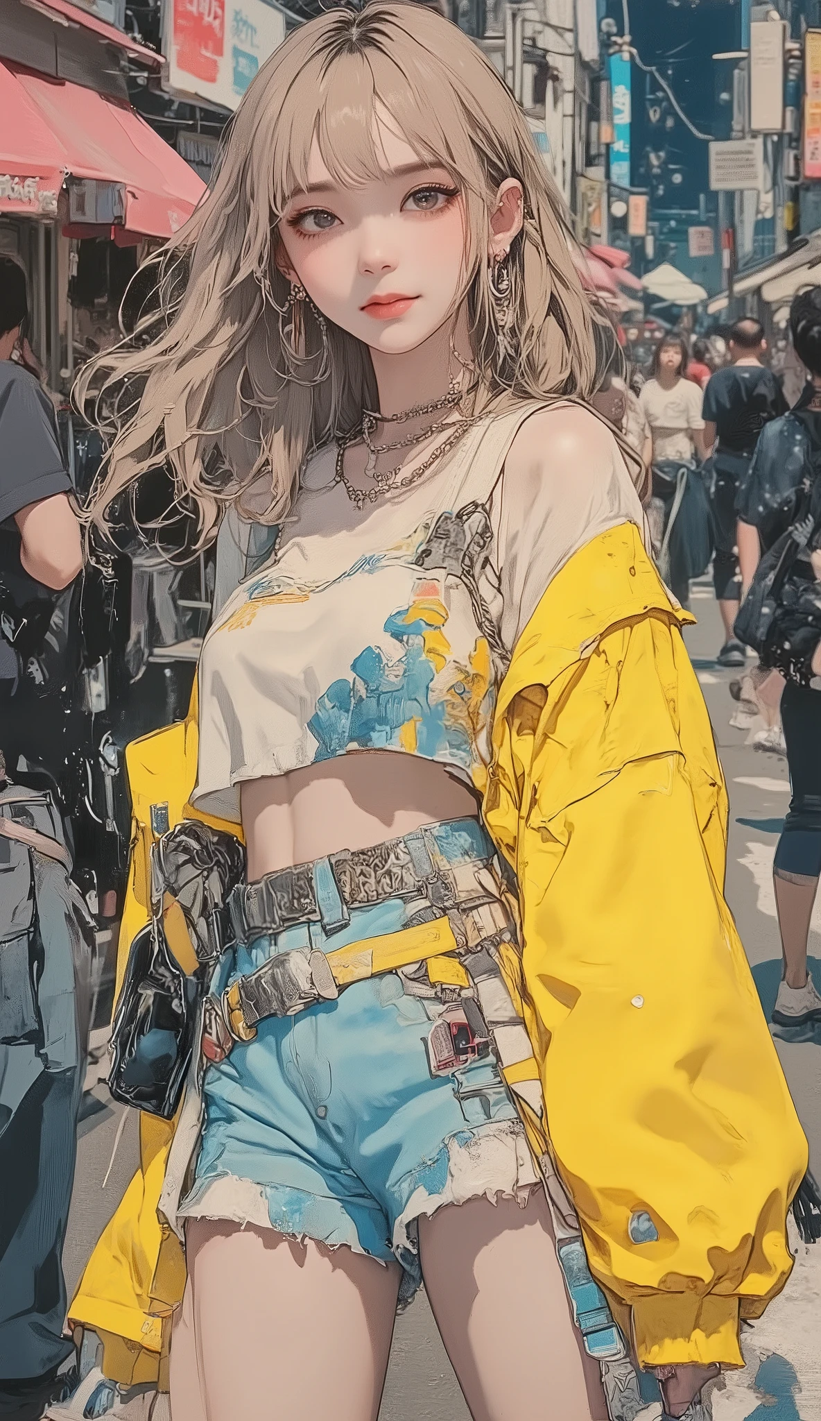 8k, masterpiece, top quality, mushroom cut Asian woman,natural makeup,healthy, Radiant Skin ,Modest lips, add volume to the top with mash shorts、Shorten the neckline、Add random curls, Soft impression ,Bangs above eyebrows,unique pastel hair color,sporty and elegant fusion,sports jacket and frill skirt,Sneakers,Street x feminine,chiffon blouse with denim,Accent with large hoop earrings or chain necklaces,bag is a waist pouch,volume、add bright colors such as blue,put together in monotone、colorful with accessories,natural body movements(Looking back while walking),The expression is a vibrant and bright smile,slightly unique atmosphere,The background is a Japanese city park