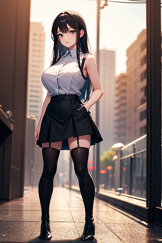 Girl, red lips, long hair, black hair colors, blue eyeball colors, big nose, big tits, big right nipple, big left nipple, fair skin, white office clothes colors, black office skirt colors, black stockin colors, black high heels colors, wearing earrings, wearing a watch, sexy body, squat pose, elegant pose, beautiful girl, in room, realistic