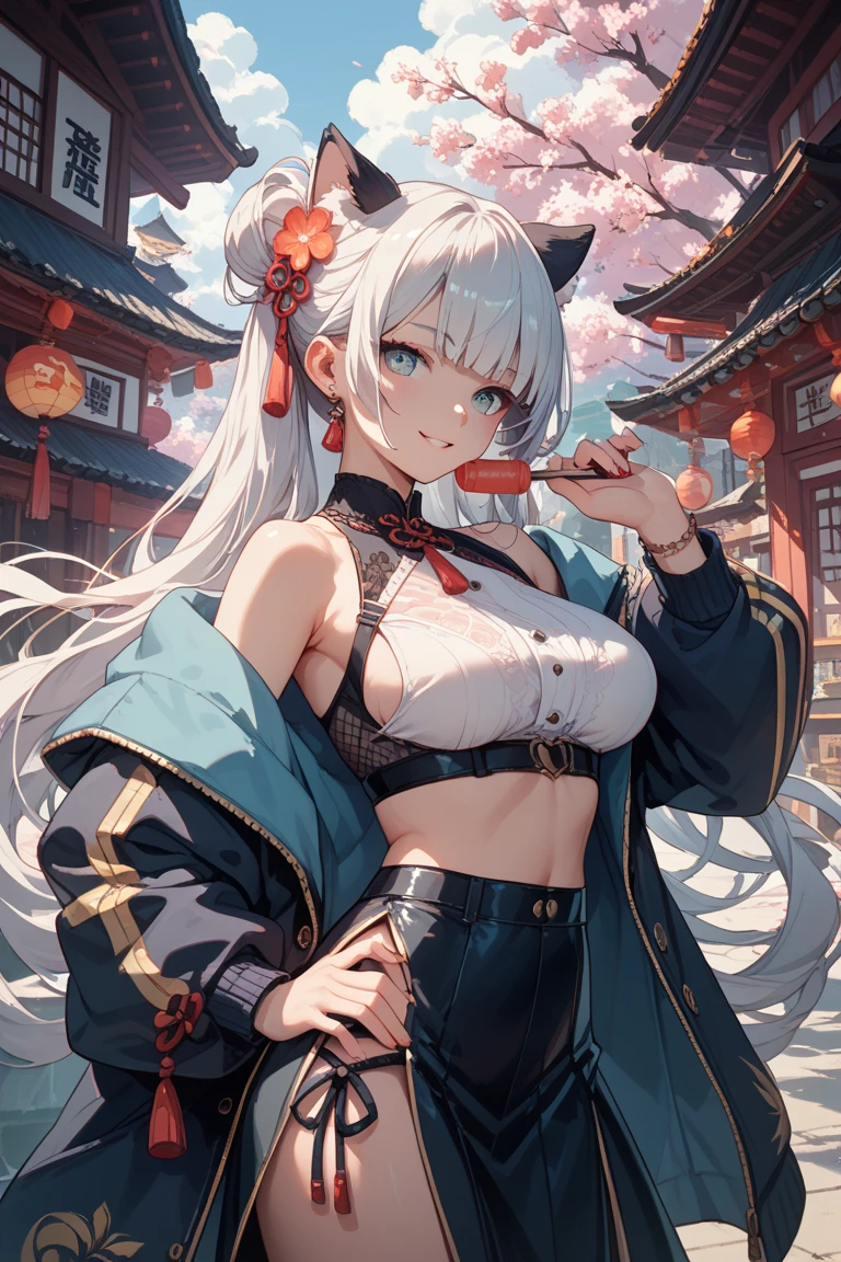 China-style,Red Hanfu,white color hair,of cat ears,Delicate Chinese headdress,Blue eyes,A crowded bazaar,Lively bazaar,Mature girls,shylily,Wear black stockings,Gentle eyes,smil,sitted,Large breasts