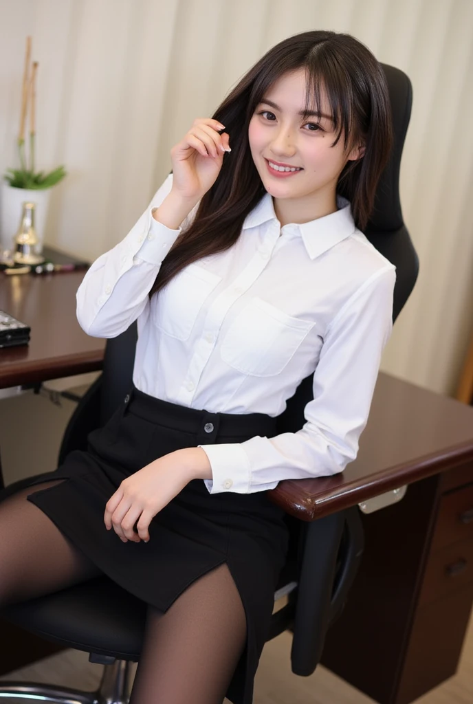 Beautiful young woman、(Woman sitting on chair in office)、 Intricate details, short hair、Wavy Hair、ear piercing、Closed Mouth Smile、、Black Hair、 Clear beauty, (High quality fabric, Office Lady Suits 、(Full body photo)Jacket、Knee-length skirt、tights、pumps、Unbuttoned shirt、Necklace around the neck、Dark eyeliner、 The background is the office