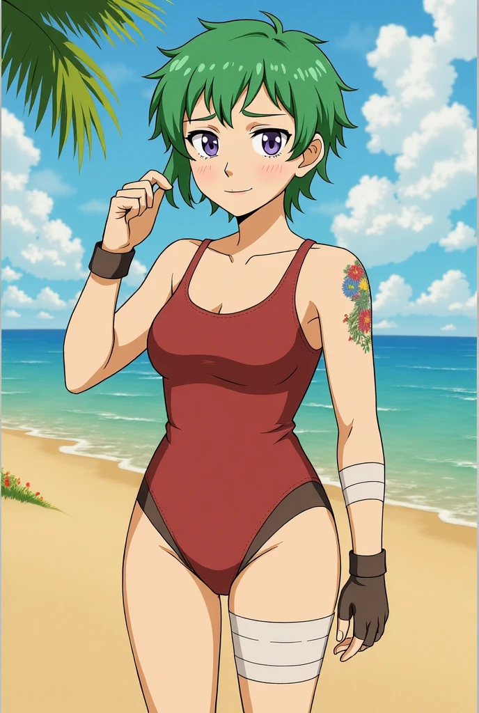 best quality, masterpiece, silhouette light, elpeople, (contrapposto:1.2), head shot, sweating a lot, lime green and white horizontal striped bikini, ivory jacket, (medium breast:1.4), messy and tiny japanese room