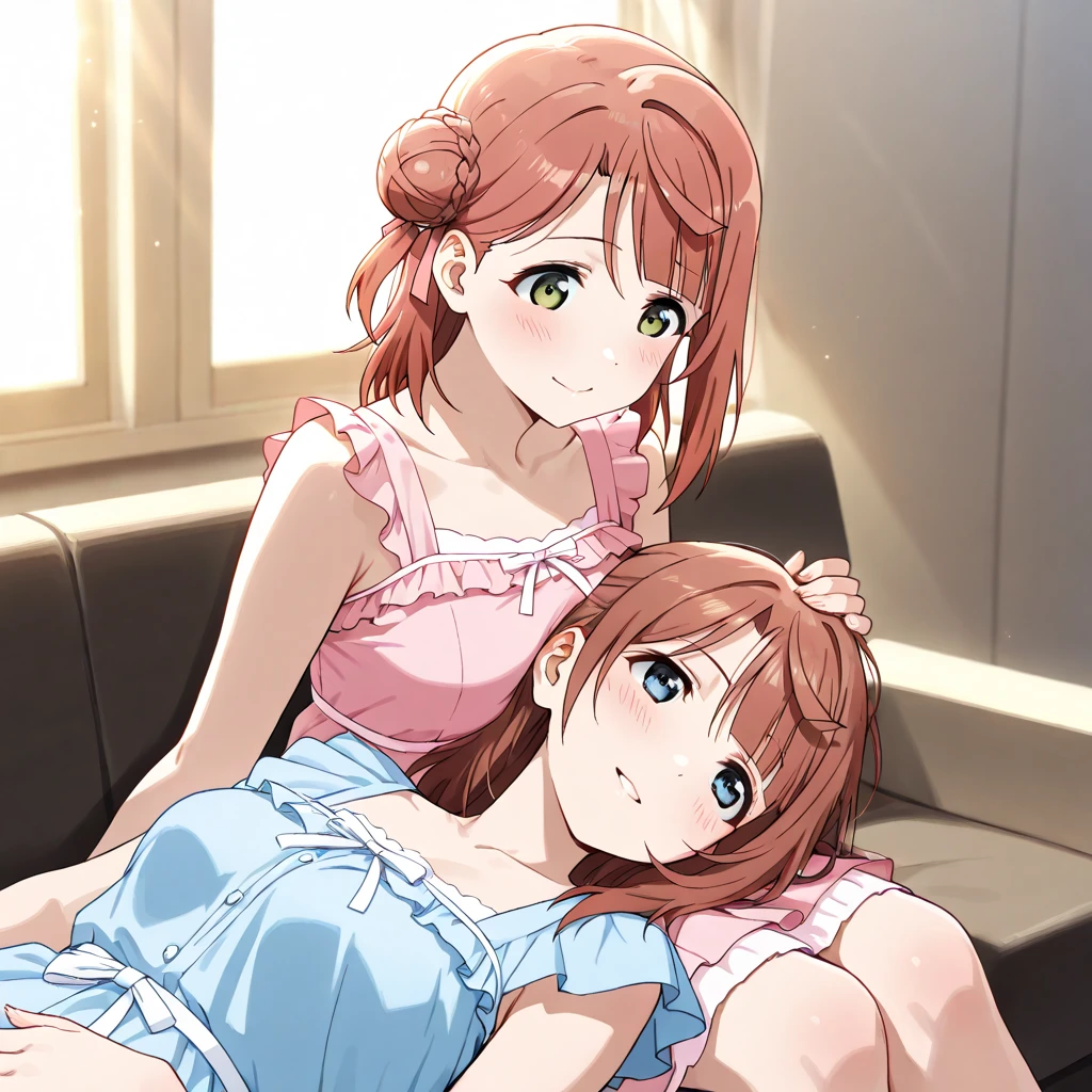 Two girls wearing sexy suspender nightdresses,Large breasts,The two looked at each other to see who had bigger breasts..