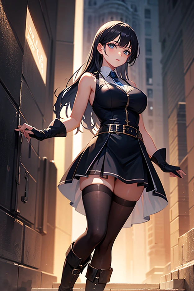 最high quality、Best image quality、masterpiece、With a girl((cute、20-year-old、Best Bust、Medium Bust、Bust 85,Beautiful Blue Eyes、Spread your chest wide,Long black hair、Slender、The best valley、、Blue Y-shirt、White short skirt,Show the whole body、Black perforated gloves,Blue Mesh))high quality、Beautiful art、background((School、School zone、Strong winds)),Tabletop、Exquisite design、Visual Arts、Depth of written boundary、Best lighting、Highest detail、8k