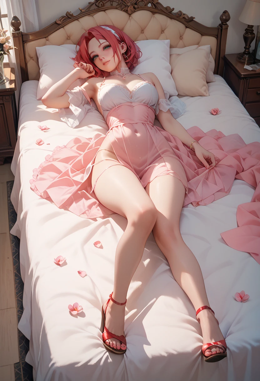 (((Full body photo)))
(A woman is sleeping with her eyes closed)、((y pink floral lingerie))、Brown Hair、White skin
((Angle from behind))