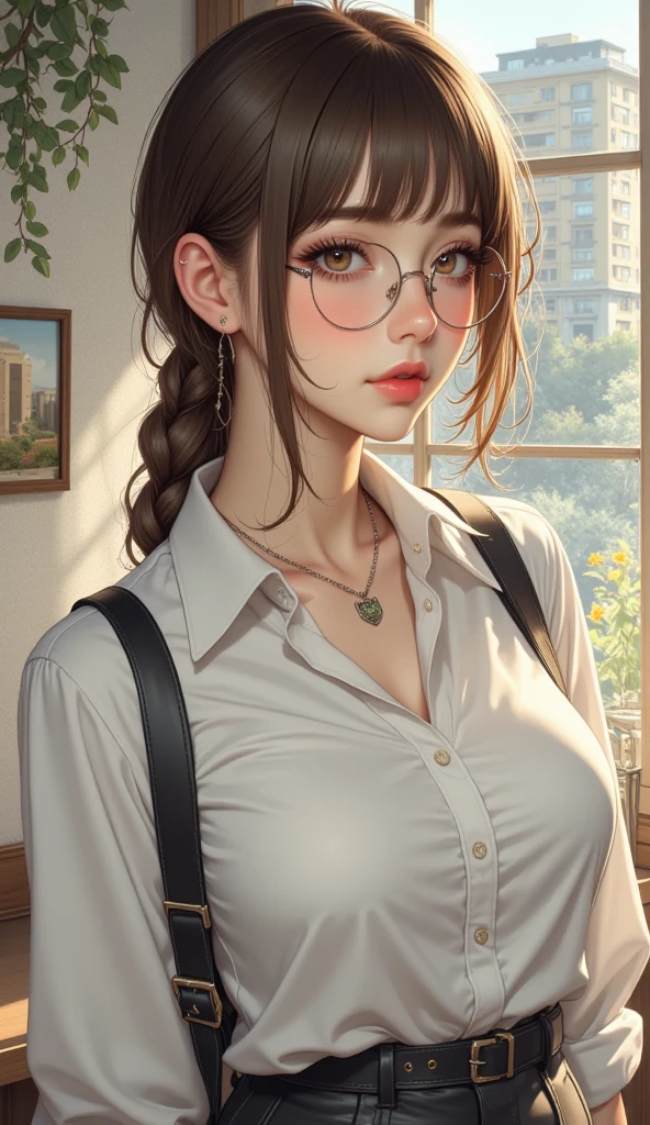 HangeAOT, <lora:HangeAOT:1>, open pose, beautiful pose, sexy pose, sexy look, (portrait:1.6)
(oversize shirt, classic loose shirt, long sleeve, trousers, belt, khaki shirt), (thin-rimmed glasses, oval glasses),
(brown eyes, brown red hair:1.4), (aquiline nose:1.5),
bangs on the side,split long bangs, high tail, sloppy tail ,sloppy high tail, voluminous tail, (hairstyle high ponytail:1.4)
(crazy smile:0.9)
dark lighting, books on the background, wine bottle, lamp light, night,
small breasts, skinny girl,
((photorealistic:1.9)), beautiful breasts, small breasts, shoulder straps, best quality ,masterpiece, illustration, an extremely delicate and beautiful, extremely detailed ,CG ,unity ,8k wallpaper, Amazing, finely detail, masterpiece,best quality,official art,extremely detailed CG unity 8k wallpaper,absurdres, incredibly absurdres, huge filesize, ultra-detailed, highres, extremely detailed,beautiful detailed girl, extremely detailed eyes and face, beautiful detailed eyes,light on face,cinematic lighting, a gorgeous body, beauty, beautiful girl, perfect quality, best eyes, clear face, quality eyes, masterpiece, best quality, beautiful lighting, solo, RAW photo, 8k uhd, gorgeous quality, best quality, perfect quality, excellent picture, best face, high-quality face, detailed face, detailed body, detailed clothes, mega-fuzzy image