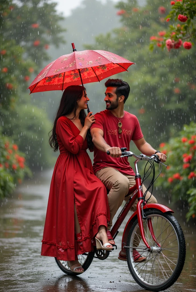 Create an image of the most beautiful Indian girl and the most handsome Indian boy standing together. The girl's eyes should be similar to Shraddha Kapoor's—captivating and expressive. Her skin should be as radiant as Mahendra Singh Dhoni's—clear and glowing. She should be wearing a light-colored t-shirt with 'Das AAD' written on it, and a stylish red coat that adds a slightly attractive effect. She should also be wearing a beautiful odhni, complementing her outfit. She is standing in the rain, holding an umbrella to protect herself. Her bosom should appear slightly attractive, and the image should capture her full beauty and style from head to toe. She should be depicted as a devoted disciple of Sant Rampal Ji Maharaj, embodying honesty and Indian grace.The boy, standing beside her, should be depicted as the most handsome Indian boy in the world. His skin should be as radiant as Mahendra Singh Dhoni's. His eyes should be deep and expressive like Sushant Singh Rajput's. His hair should be thick and stylish like KGF's Rocky (Yash). He should be wearing a white shirt with a red coat, block floral pants, and brown shoes. He should have a gun holder strapped to his waist and wear red sunglasses. The image should capture his full style and attractive personality from head to toe. Both should be depicted standing together in the rain, showing their bond and stylish presence."