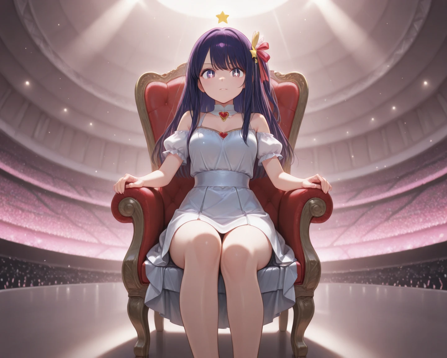 (masterpiece, Best quality, 8K, 1080P, HD, highlight the conveyed intentions through movements, diversify the lighting aspect to create the desired atmosphere, accentuate the posing to emphasize more of the physical curves, genuinely immersive facial expression, enhance image colouring, in depth colouring backdrop, cutesy glamour concert dress, glossier surface, metal is metallic, fabric is softer and loosened, diverse in hair movements, wide angle view). 2 woman, 1 {{Ai Hoshino (oshi no ko, detailed feature), hair (straight long and dark purple), eyes (purple), tied left hair, enchantress}}, 2 {Kanon (the world god only knows, exact feature), hair (short and pink), ribbon, eyes (red), cutesy}, apart holding star-shaped mic each, sit on a glowing (mid air star shaped chair), atop the stage, with rainbow misty mist, in a grand concert celebration