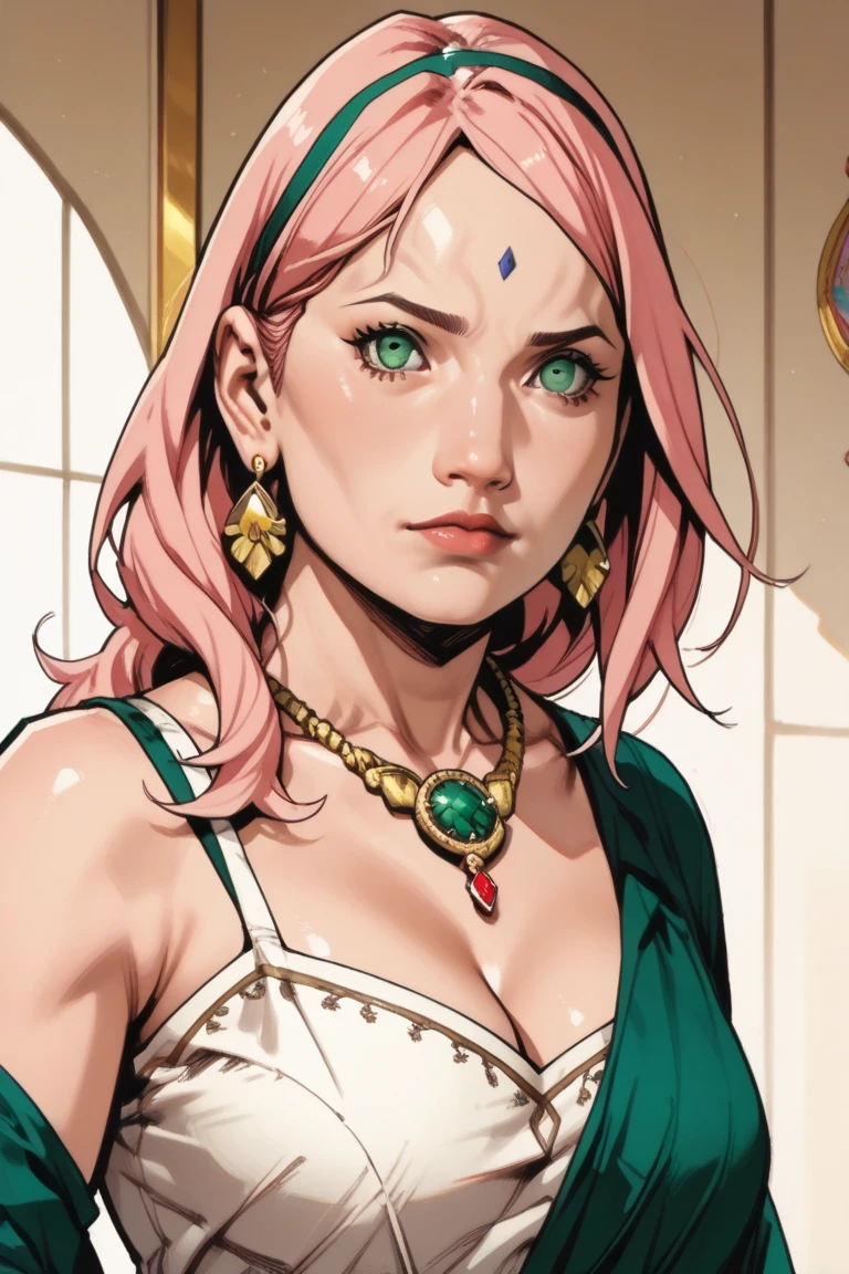 A woman stands confidently against a black background, her left hand resting on her hip and her right hand gently touching the side of her face. She is adorned in a vibrant pink dress that contrasts with her blonde hair. The dress features gold accents and a plunging neckline, adding an air of sophistication to her look. A blue tattoo on her left arm stands out against her skin, complementing the gold jewelry she wears. Her gaze is directed towards the camera, exuding a sense of poise and elegance.