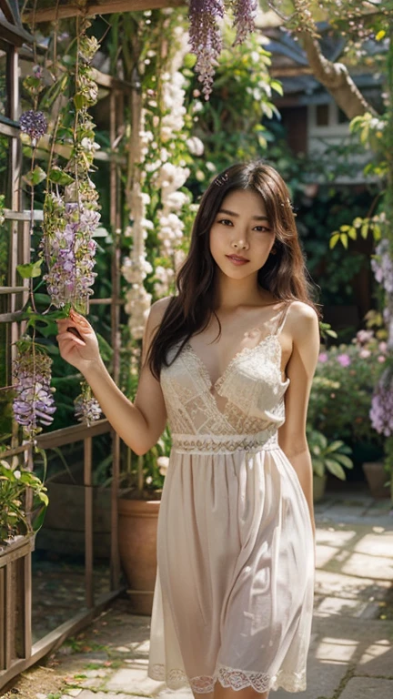 “Create an HD Ultra Realistic 8K image of Young Attractive Asian Woman Sophie Tan at a lavish garden party photoshoot. She is wearing a delicate pink lace lingerie set with floral details, posing gracefully amidst blooming flowers, fairy lights, and elegant garden decor. The scene captures the enchanting and sophisticated atmosphere of the garden party. Use a cinematic camera with a 50mm lens to capture the intricate lace details and the beautiful setting (1.3). The garden party background should be softly blurred, with bokeh effects enhancing Sophie’s ethereal presence (1.2). Post-production should enhance the soft lighting and add a slight glow to create a dreamy, romantic look (1.4).”