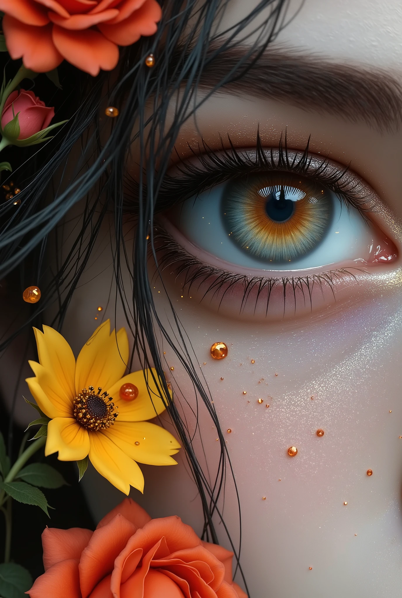  [Style: "masterpiece, realistic, (photorealistic Realism), ultra-detailed, UHD, Hyper high resolution" - "(Hyper quality, intricate ultra-detailed digital art)"] (Key Directive: - ("The priority is the anatomical accuracy and texture of the materials" - "Ultra-sharp human eyes with biological accuracy") {"Eyes: (acid-resistant terminology) (macro-details:1.5): * Moist surface, cornea replaced (concept, black hole with accretion disc around:1.4) * Exceptionally detailed iris stroma ((brown) with gold speckles) * Precise limbal ring (slightly darker pigmentation: 1.3) * Pupil microstructure looking like [endless well, black, empty] (authenticity of irregular edges: 0.9) * Scleral vasculature (subtle red veins radiating from the limbus)" - "Eyelashes: blue synthetic monofilaments (crossed roots:1.2, separation without clumps)" | Technical Specs: (Optics: - "Zeiss Otus85mm f/1.4 lens (eye refraction calculations:1.3)" - "Shutter Speed:1/500 (freeze eye micro-movements)" - "Focus Stacking:7-point coverage on iris plane") (Post-Processing: - "Frequency separation for skin vs eye details" - "Selective sharpening: eyes200%, hair80%" - "Denoise: luminance20, color35 (retain corneal speculars)") (Avoid: "pupil distortion, uncanny valley asymmetry, plastic-like wetness") Vivid colors, HDR effect, Professional lighting, Studio quality, Detailed texture expression, (Rendering engine: "Unreal Engine 5 path tracing, 16K texture maps") Profileless、details、1girl、Long hair, hair accessories、dress、Flowers、 Hair Flower 、黑色dress、Rose、bugger、safflower、 Butterfly、skull、skeleton、Black Flower、white theme、limited palette、dark tones、from below、Dutch Angle、Blurry Foreground,absurd的女孩肖像,Filter special effects,Eye-catching details,perfect composition,Deep and cool atmosphere,soft lighting,Dark magic style,Textured delicate digital painting,professional level,Exquisite,Bright and Colorful }