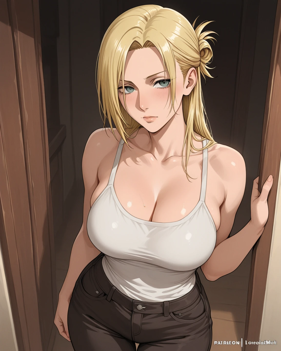 Elegant mature female, artoria pendragon, blonde, green eyes, sleeveless sweater, soft light, high quality, 4k resolution, beautiful cg