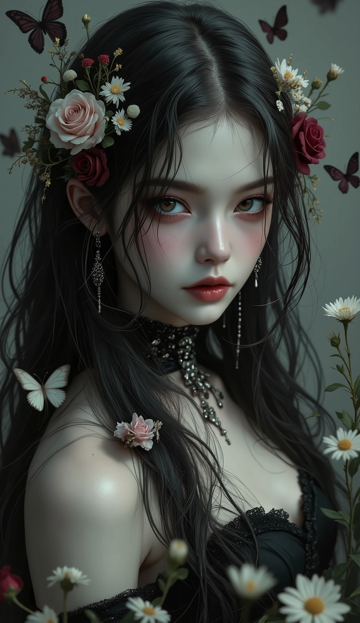 (photorealistic Realism 16K Quality), ultra-detailed, UHD, (ultra absurd quality, extremely detailed detail, hyper resolution, clear sharp focus, not blurry, Realistic black_eyes:1.35), Profileless、details、1girl、Long hair、hair accessories、dress、Flowers、 Hair Flower 、黑色dress、Rose、bugger、safflower、 Butterfly、skull、skeleton、Black Flower、white theme、limited palette、dark tones、from below、Dutch Angle、Blurry Foreground,absurd的女孩肖像,Filter special effects,Eye-catching details,perfect composition,Deep and cool atmosphere,soft lighting,Dark magic style,Textured delicate digital painting,Highly Realistic,4K Ultra HD,professional level,Exquisite,Bright and Colorful