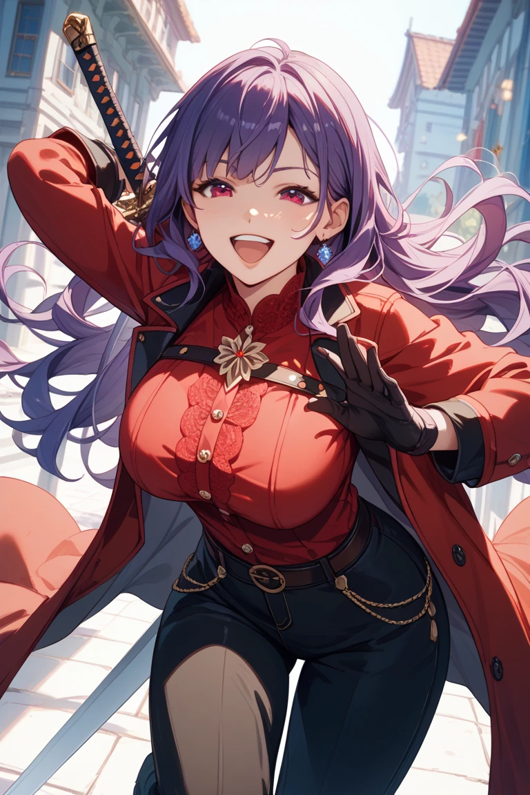 masterpiece, best quality, beautiful and aesthetic, photo of 1girl, athena97, purple eyes, purple hair, long hair, earrings, red shoes, red hairband, star hair ornament, (white socks:1.1),angry, (fighting stance:1.3), big breast, red open vest, white turtleneck, white puffy sleeves, short sleeves,yellow belt, red pleated skirt, deep red pantyhose,(puple spherical necklace:1.3), red fingerless gloves, cosplay photo, atient greece background,realstic, <lora:Athena97final:0.65>