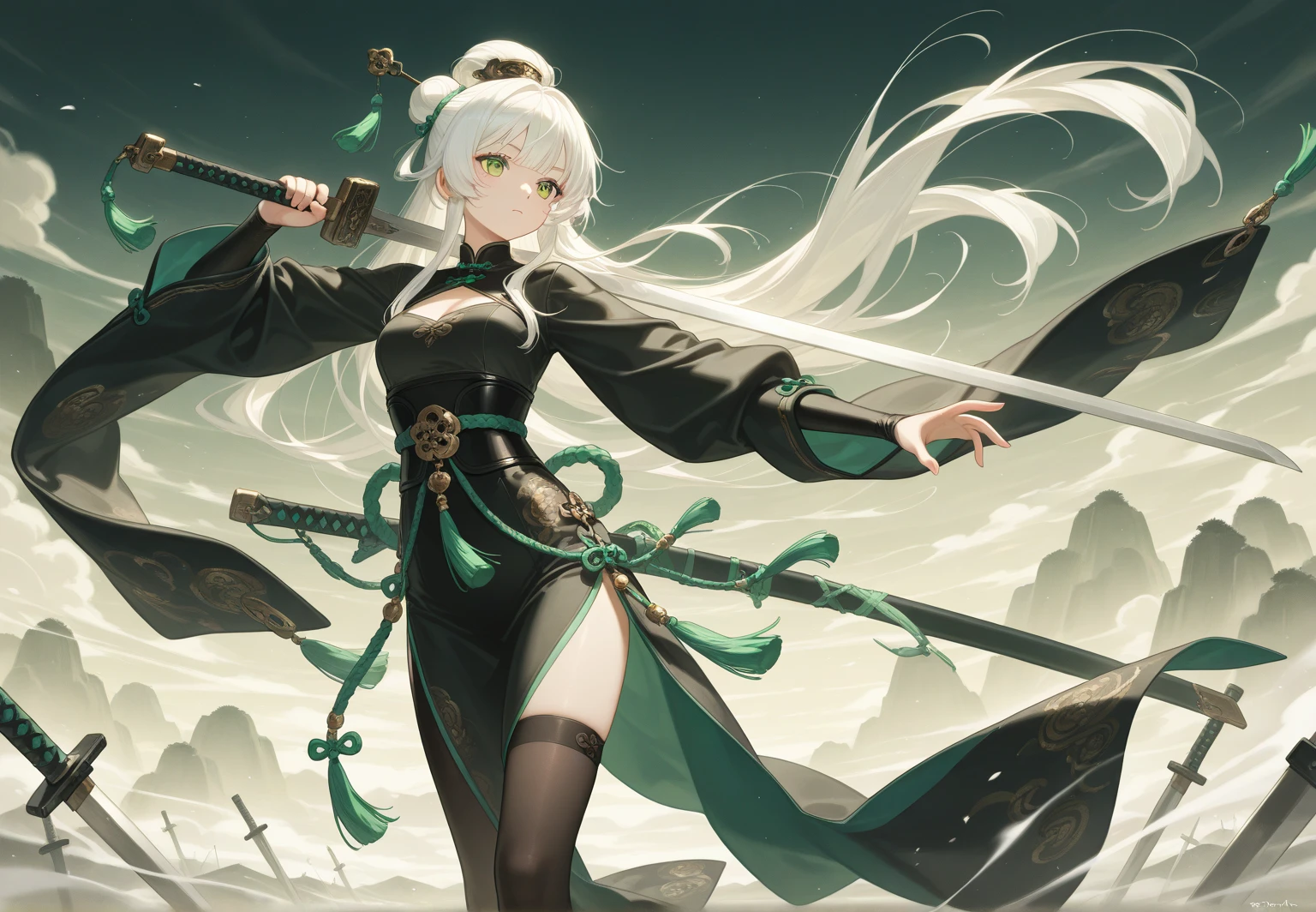 Holding a sword in your hand, Green hair, Battleware, Shining blue eyes, Samurai, Pretty girl, Delicate face, Beautiful Girl, Slender body, Hot Girl, Holding the sword with both hands, looks like him'waving a sword at the screen., I see a sword,hold the sword firmly in your hand, Adjust the shape of the sword, Full body green samurai uniform, Under the moonlight, Snow, pale skin, beautiful shoulder-length striped hair, Floating hair, Smile, Soft face, eyes gentle,, eyebrows behind hair, Ringed Eyes, Soft smile, Face Paint, surrealism, Ray tracing, reflective light, motion line, Blurry background, Night time, canon, Fuji Film, 8K, Super Detail, Best Quality, nffsw, Portrait