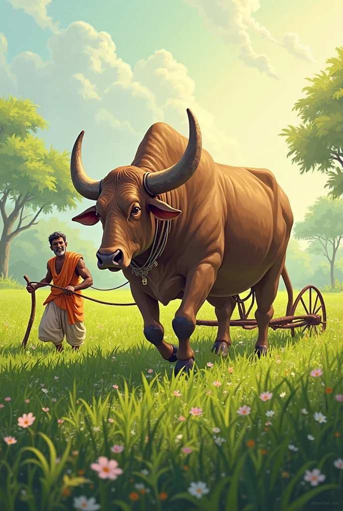 Here are the 15 parts of the story described in English. You can use these as separate prompts:

1. **First Scene:** Kishan is seen plowing his small field with his old ox, displaying determination and hard work on his face.

2. **Second Scene:** Kishan is sowing seeds into the soil, with a hopeful expression in his eyes.

3. **Third Scene:** Dark clouds are gathering in the sky, indicating a lack of rain and an impending drought.

4. **Fourth Scene:** Kishan is standing in his dry field, looking worried as the crops have withered due to insufficient rain.

5. **Fifth Scene:** Kishan is at home, sitting with a concerned and despondent expression, realizing his crops have failed.

6. **Sixth Scene:** Kishan’s ox has fallen ill, and he is sitting beside the animal with a sorrowful look on his face.

7. **Seventh Scene:** Kishan is in the market, selling his household items to afford treatment for his sick ox.

8. **Eighth Scene:** A veterinarian is attempting to treat the ox, with Kishan anxiously watching the process.

9. **Ninth Scene:** Kishan is mourning beside his ox, which has died despite his efforts to save it.

10. **Tenth Scene:** Villagers gather around Kishan, offering him seeds and a new ox, showing their support and solidarity.

11. **Eleventh Scene:** Kishan gratefully accepts the villagers' help, showing deep gratitude.

12. **Twelfth Scene:** Kishan is back in the field, working with renewed hope and determination.

13. **Thirteenth Scene:** Healthy crops are growing in the field, indicating Kishan's hard work is finally paying off.

14. **Fourteenth Scene:** Kishan is standing in front of his successful harvest, smiling with happiness and relief.

15. **Fifteenth Scene:** The villagers and Kishan are celebrating the bountiful harvest together, symbolizing unity and perseverance.

These prompts can be used to create 15 individual images that together tell the entire story.