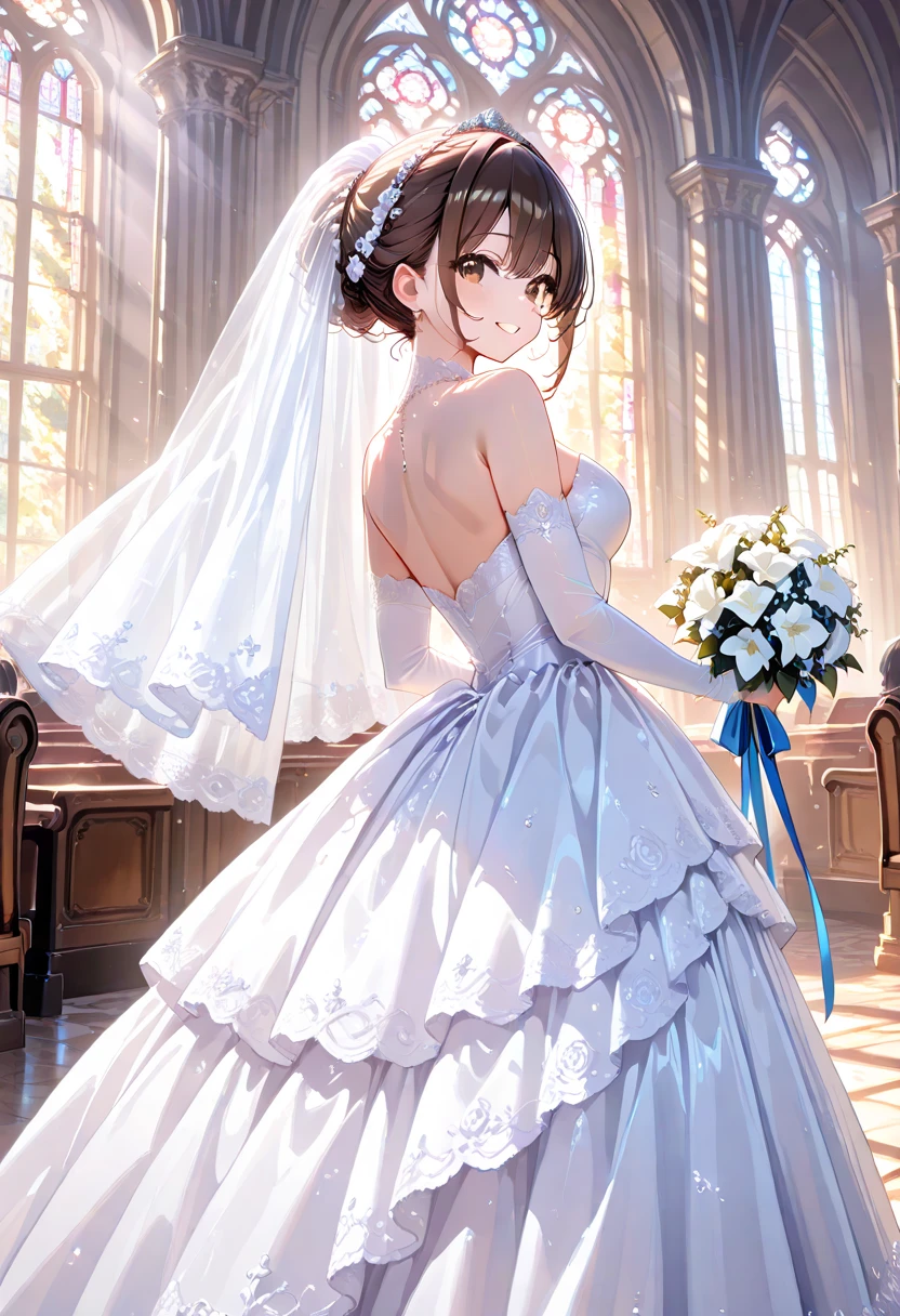 sksbrooke person, sksbrooke, (masterpiece:1.2), (best quality:1.2), perfect eyes, perfect face, 1girl, solo, brown eyes, (medium breasts), perky breasts, seductive look,  pink wedding dress, walking down the ailse in a church, sun ray in background from window, hold bouquet of flowers, walking away from viewer, looking over shoulder, close up, smiling