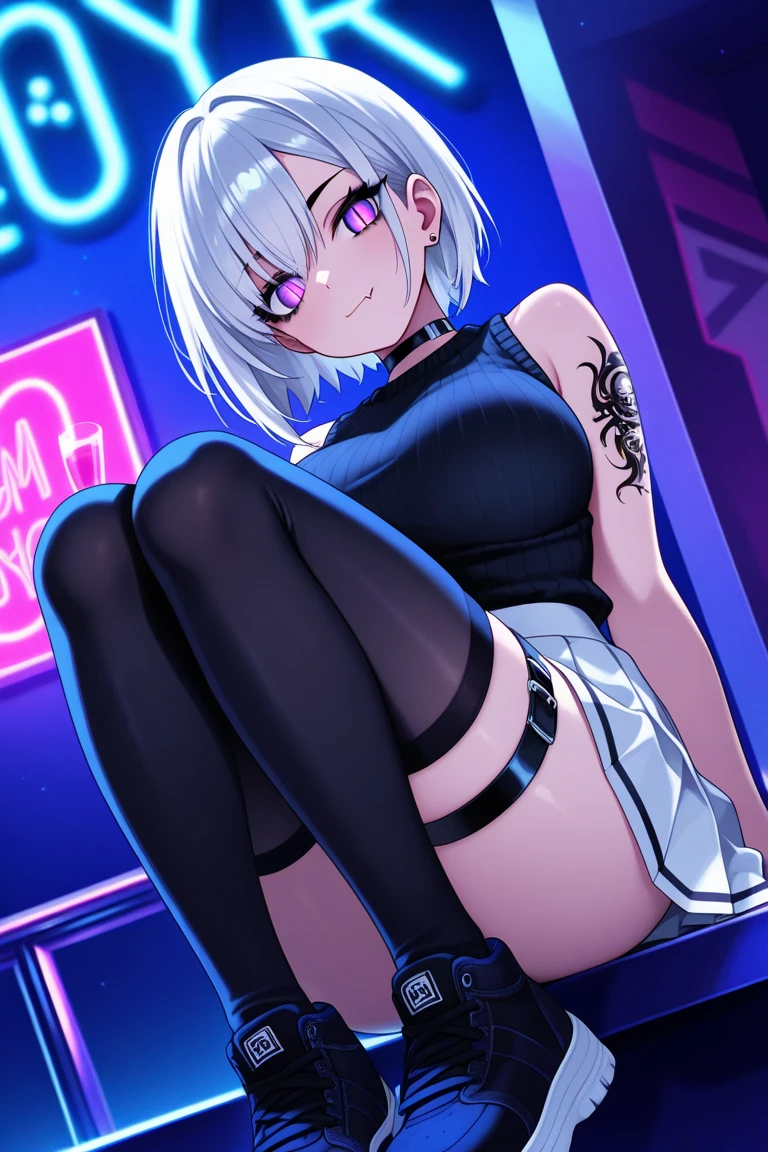 Nsfw, (master part, best quality;1.3), extremamente detalhado ,ultra detalhado, 1girl,sozinho, seios pequenos, sorriso maligno, ornamento de cabelo, jewelries, Brincos, Olhando para o Viewer, minissaia