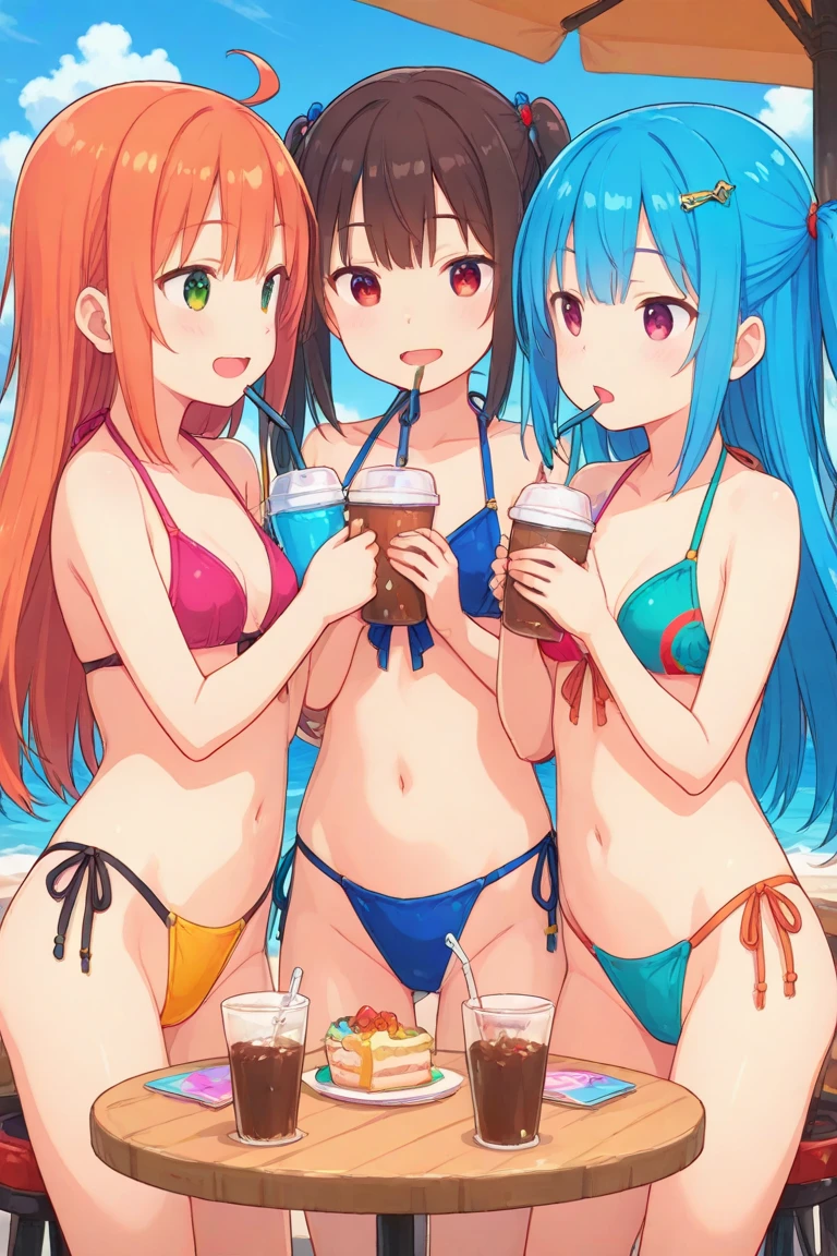 Ocean、summer、Swimwear、2People Girls、Large Breasts、cute、smile、fun、Swim ring、water droplets、Plenty of fish、Have juice、Straw hat