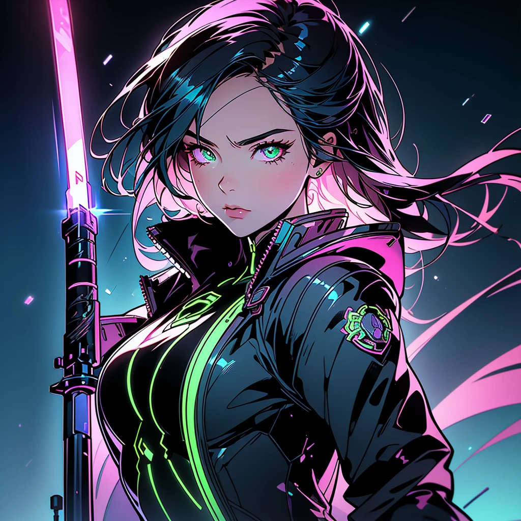 blade runner style city with a nocturnal vibe with Matrix-like aesthetic references, glowing huge clock tower as time machine, green glowing cascading code. At night, (1girl, solo, alone), photorealistic, medium-breast slim:0.6 body, oval:0.5 face, cleavage:1.1, sexy black laced bra, miniskirt, white laced panty, coat, (black micro sunglasses), (aiming with a short gun), (slightly leaning forward running pose), ((half-body thigh level medium shot)), cinematic lighting, ray tracing, radial zoom blurred background.