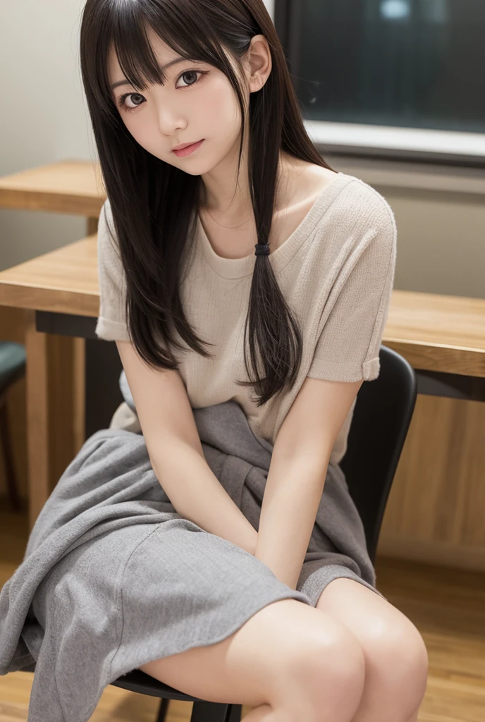 alone、Natural body shape、White skin、Natural Makeup、Black Hair、bangs、Straight Long Hair、、(expensive  、Beige long sleeve cardigan、White blouse、Blue plaid pleated skirt)、、(Big Breasts:1.3)、((The upper body is wearing a uniform))、(((((Looking into the camera)))))、(((Portrait from head to knee)))、(((Exposing your thighs)))、Bedroom、On the bed、Sitting、((Focus on the crotch))