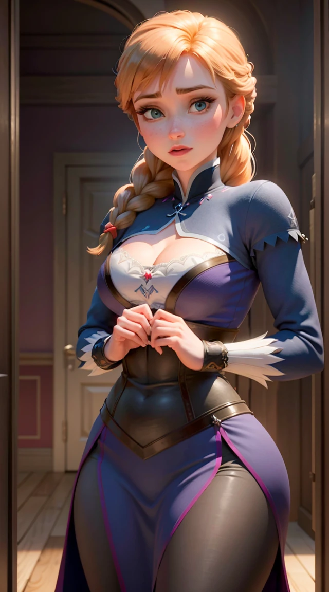 Elsa,chubby face,invent,face detail,blush,purple eye shadow, rose in hair,arise from,simple background, looking to the side,half shirt, White dress, No blouse, without bra, visible peak on chest, (big tits) (big breasts) (Fully exposed chest) ( naked and visible nipple) (big tits) (big breasts) (Fully exposed chest) ( naked and visible nipple) big tits) (big breasts) (Fully exposed chest) ( naked and visible nipple