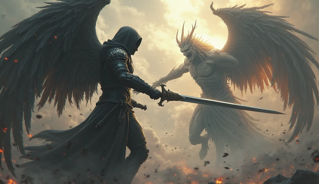 demonic angel with glowing halo and wings in a dark cave, inspired by Aleksi Briclot, angel watching demon, by Aleksi Briclot, battle between angels and demons, battle between good and evil, symmetrical epic fantasy art, diablo digital concept art, demon soul concept art, epic fantasy sci fi illustration, angel versus devil, guillem h. pongiluppi
