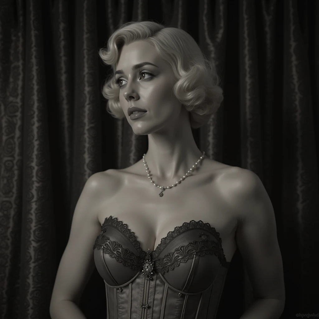 (1960s \(style\)), pin-up style, voluptuous woman in a tight-laced corset, huge hanging breasts spilling over the top, skindentation, ornate filigree, perfectly styled hairdo, parted lips, juicy lipstick, ruffled panties, long legs, thick thighs, stockings, soft lighting