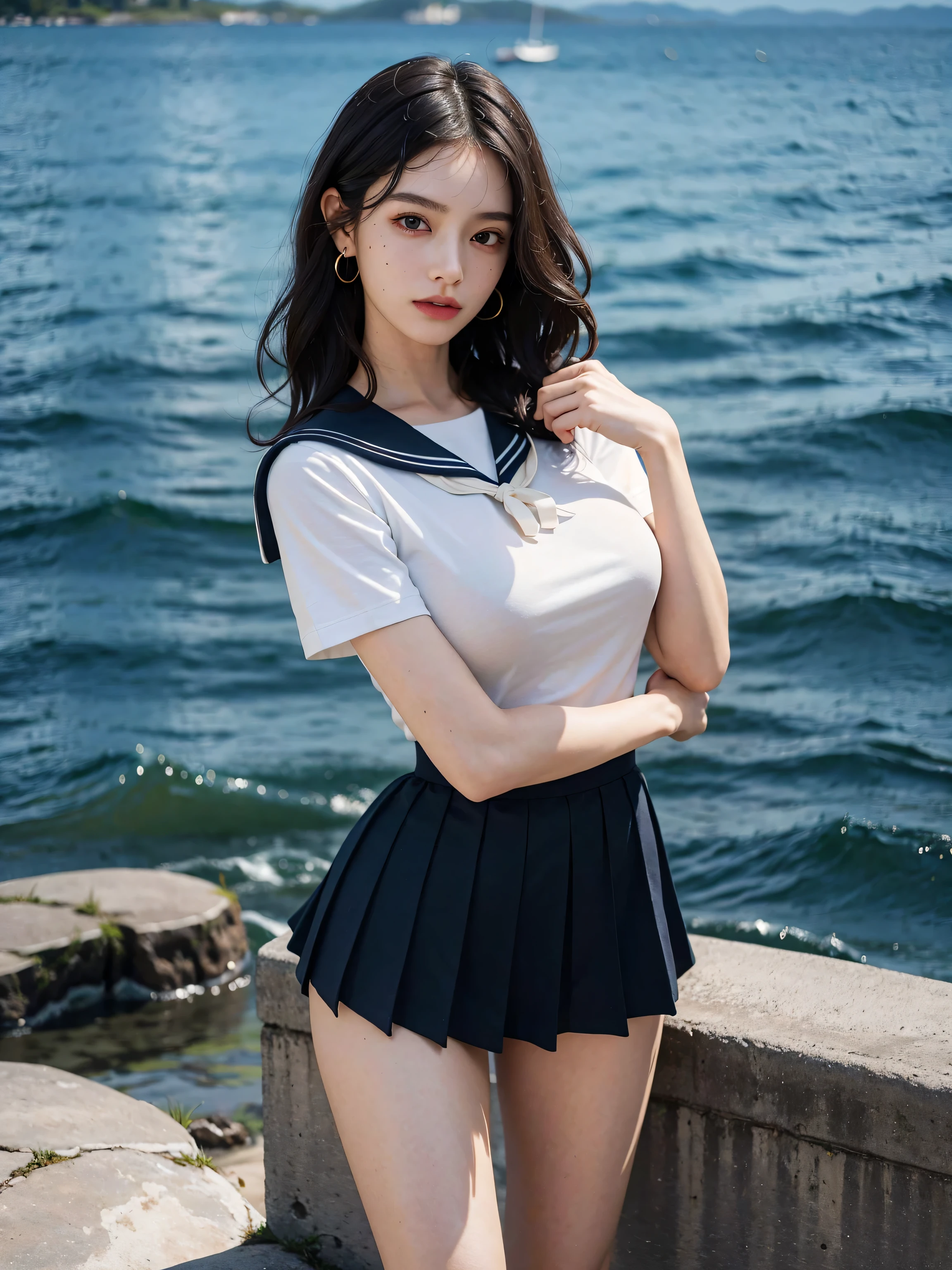 ((best quality)), ((masterpiece)), (detailed), perfect face, woman riding a sailboat, wearing a sailor uniform, Striped skirt in white and navy blue, straight legs,
