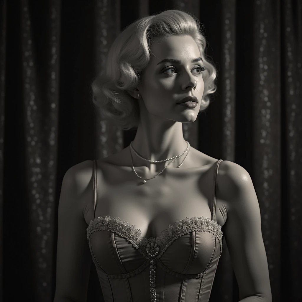 raw photo, ???? style, retro photo, realistic portrait of Marilyn Monroe, in a white lingerie, dark room, fog, looking at the viewer, spot light, glamorous photo, playboy photo shoot
