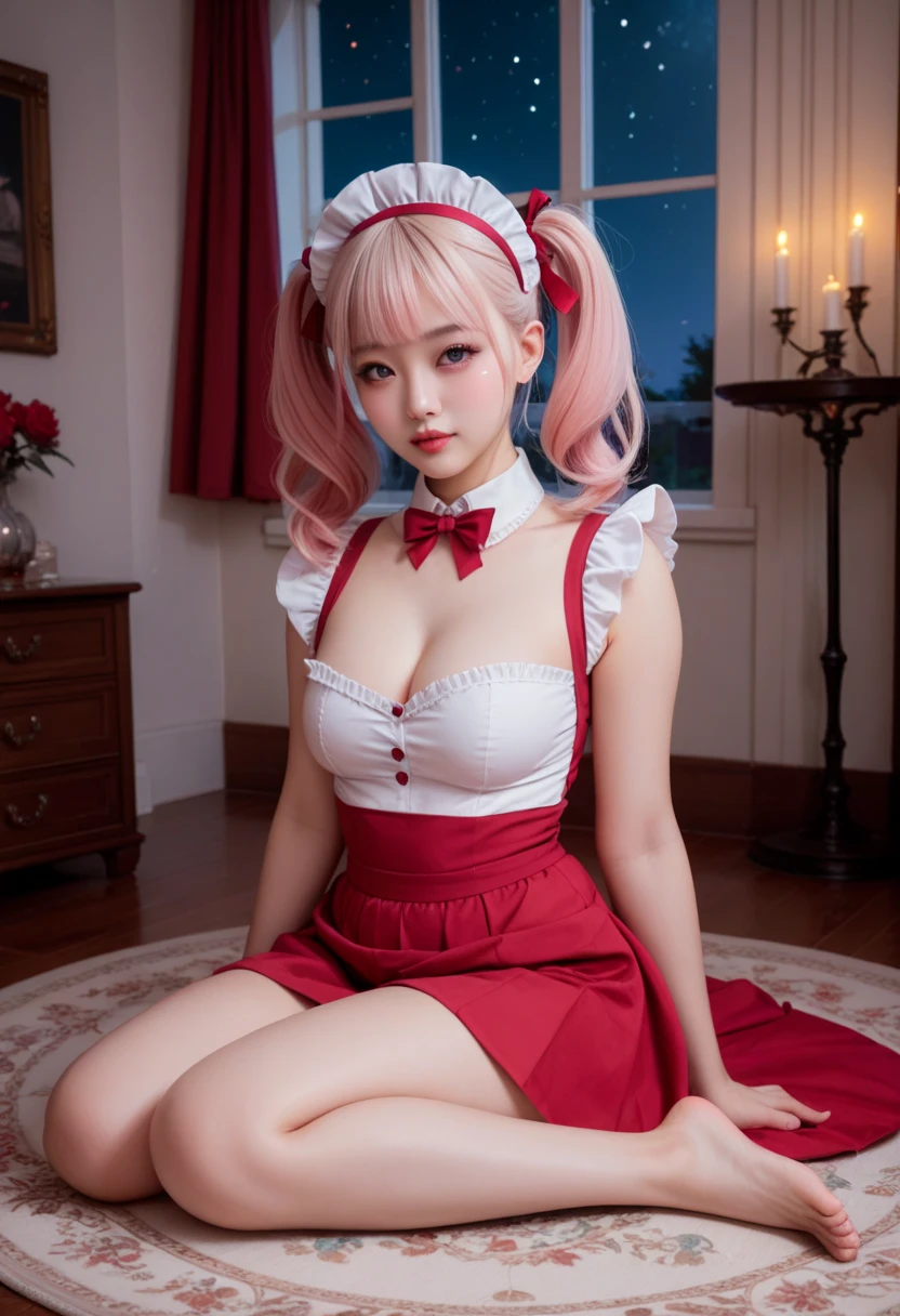 Japanese girl (20 year), medium haired, red and white hair, blue eyes color, perfect big breast, high detailed eyes, high detail face, high detailed skin, fantasy dress, cleavage of the breast, eyesight on viewer, happy expression, cute smile expression, full body view