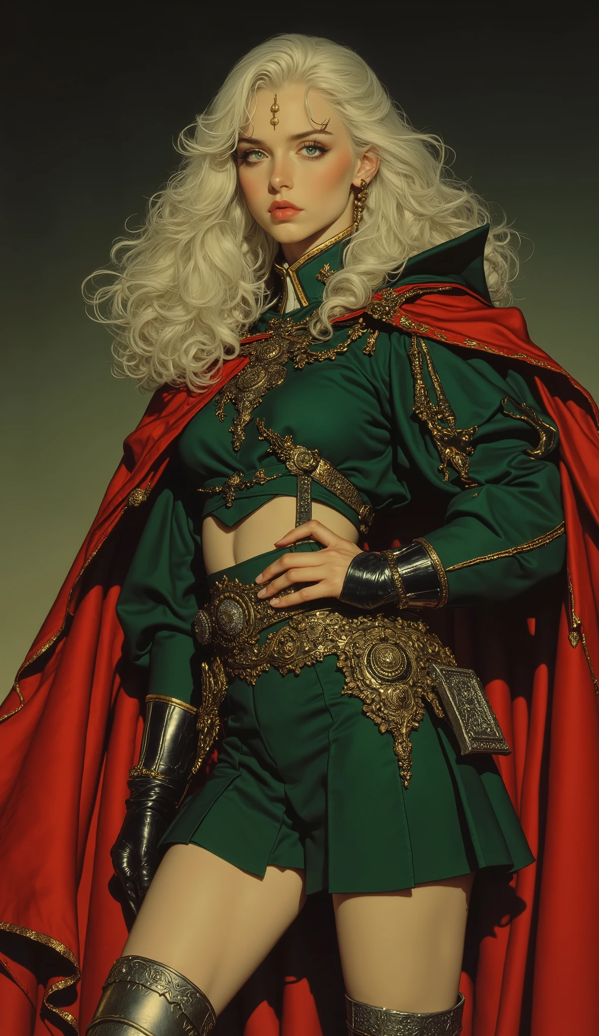 Epic 70s fantasy film still: A formidable young woman, an imperial officer, exudes power. She has long, flowing platinum blonde hair with choppy bangs, delicate crescent eyebrows accentuating her sharp, intense eyes, and an oval face set in a serious, commanding expression. Her attire is a masterfully crafted fantasy-style green military uniform with a matching short skirt, complemented by a striking crimson waist-length cloak. Leather boots with intricately designed silver greaves complete her outfit. She stands defiantly, one hand on her hip, chin tilted up, her gaze directed downwards with authority. Captured with the rich, atmospheric aesthetic of 70s fantasy cinema: dramatic lighting, deep shadows, subtle lens flare, a hint of film grain, painterly realism, highly detailed textures, vibrant yet period-appropriate colors. Professional grade, high resolution, sharp focus, award-winning photography, creative, impactful, masterpiece.