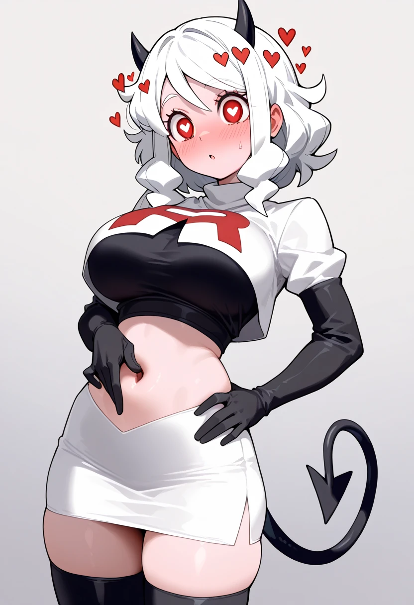 1girl, aegir \(azur lane\), azur lane \\\\\ masterpiece, best quality, very aesthetic, absurdres, newest \\\\\\ sportive body, \\\\\\ by nyantcha,,by cutesexyrobutts,by khyle ///// white hair with a single prominent red streak, black horns, yellow eyes, , white (nurse outfit:1.2), skirt, , white pencil skirt, nurse cap, , , a red cross on the cap, standing, (white background:1.2), rating general, horny smile, hands on hips