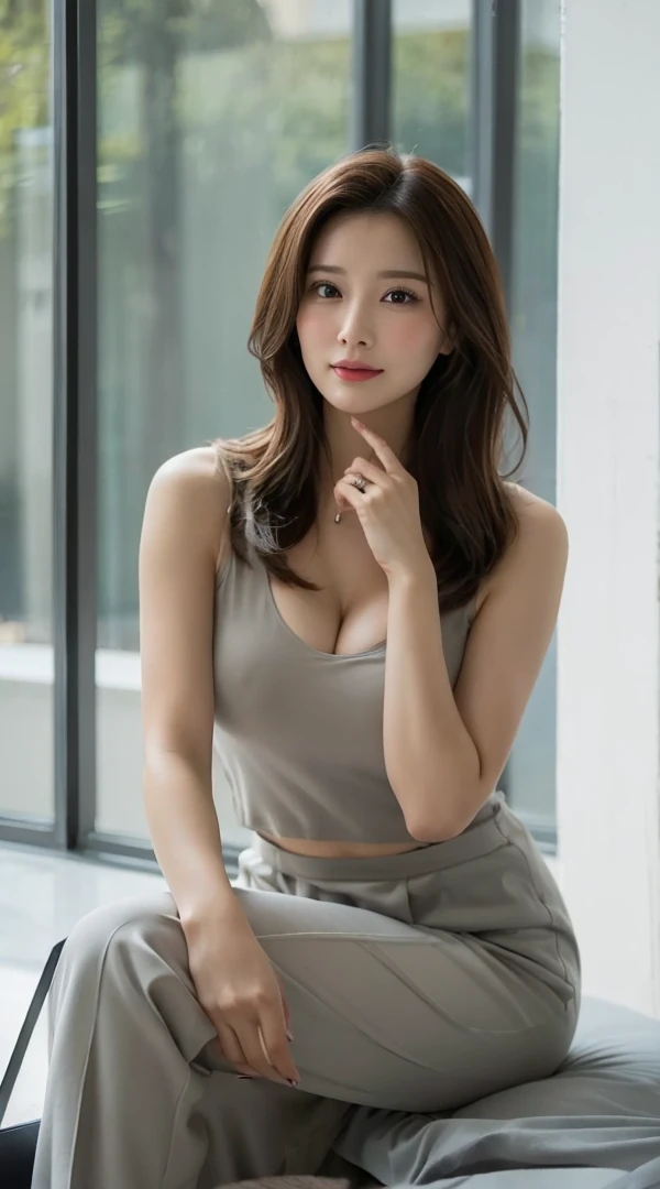 whole body, highest quality, Realistic, Very detailed, finely, High resolution, 8k wallpaper, One beautiful woman,, Light brown messy hair, Wear a business suit, Sharp focus, Perfect dynamic composition, Beautiful and detailed, Thinning hair, Detailed Realistic skin texture, smile, Close-up portrait, Model Body Type,Cleavage、length, Muscular, Beautiful legs、Beautiful feet、Super mini tight skirt、thin black pantyhose、I can see the toes of her high heels、Perfect Style、Sit on a chair、View from below、Healthy Thighs、tight ankles、