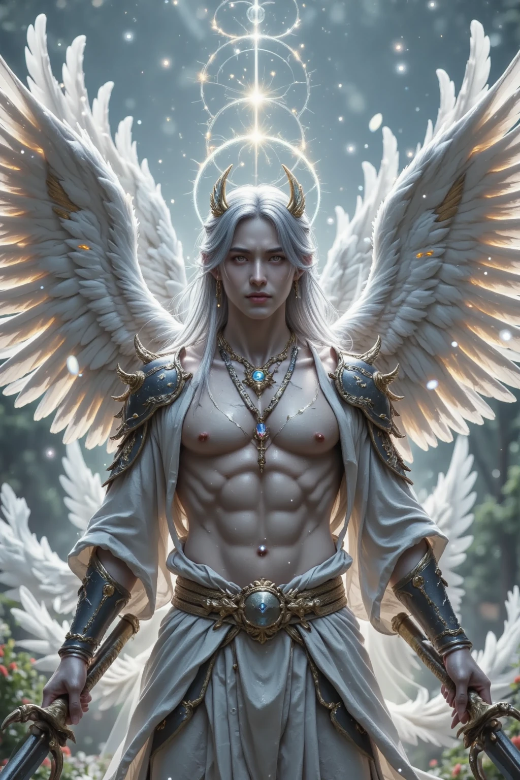 A gentle, white-winged male Asian feature albino angel (simple design) - Soft colors, with a subtle glow, white wavy 8" hair, white skin, purpled color eyes, most handsome masculine male angel, 11'0" tall, white and gold large wings, built-in gold armor on chest and arms, large muscular biceps, large thighs, chiseled ads, define jawline, pearl white lower garment, 32K UHD, masterpiece, best quality, style raw, walking through an enchanted garden of Eden. - Ethereal background, with a subtle texture, naked chest, lined with gold, Large white and Gold wings. the angel is a man