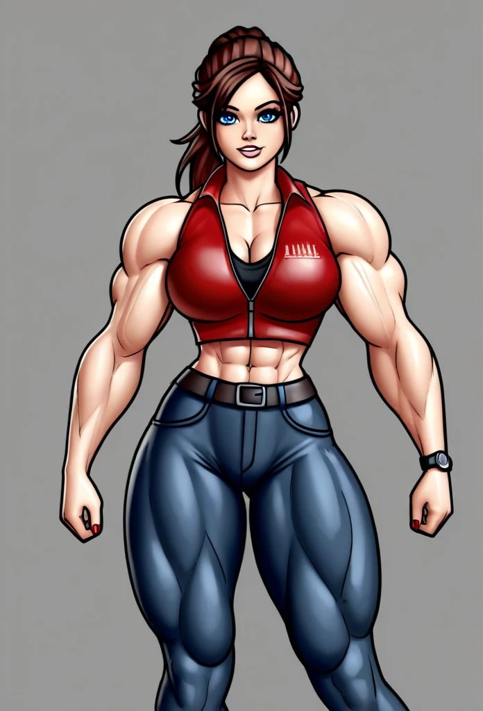 april2003,1girl,short hair,shirt,navel,green eyes,red hair,midriff,belt,pants,crop top,makeup,lipstick,brown pants,cropped shirt, muscle girl, muscle body, huge muscles, massive muscles, huge biceps, massive biceps, oversized biceps, gigantic biceps, hyper biceps, abs, thigh muscles