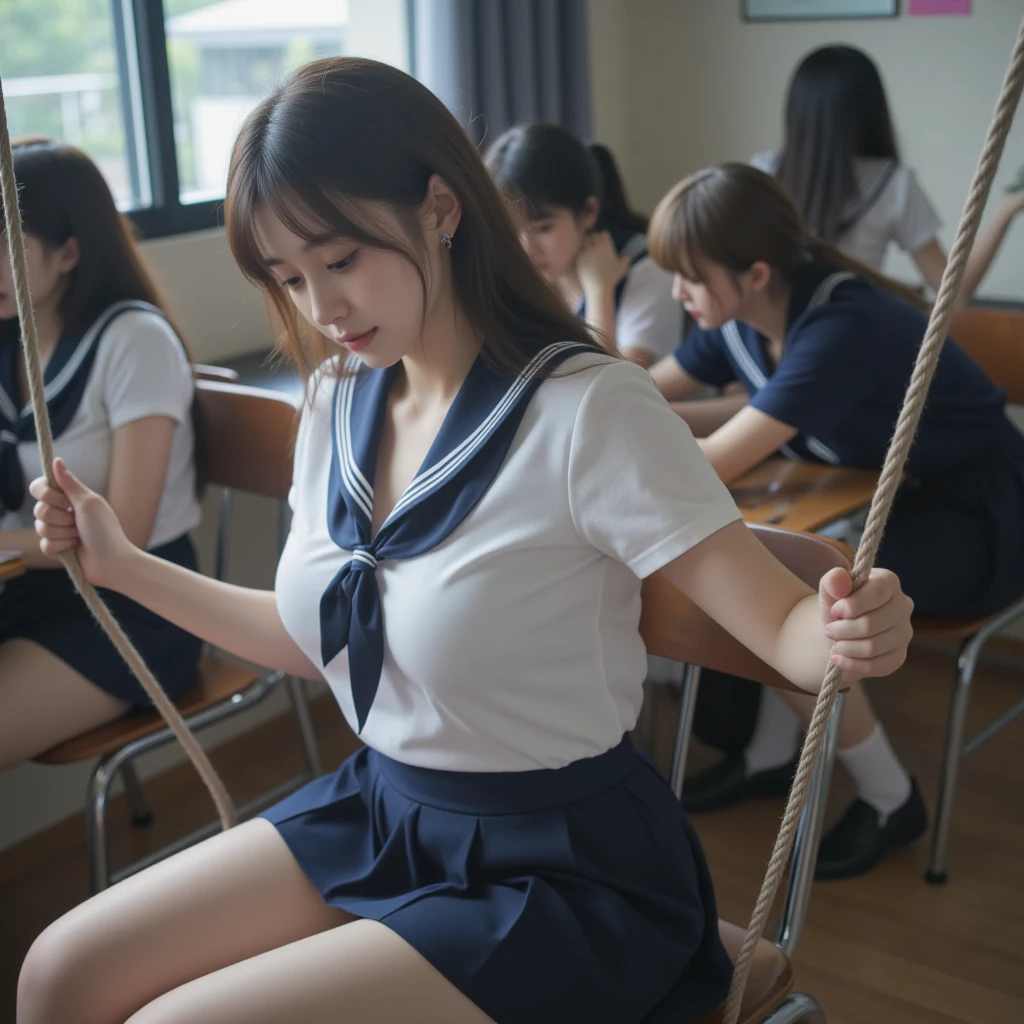 1girl in、18year old、hi-school girl、(Super beautiful)、(beauitful face:1.2)、(Clear pubic contours),(spreads her legs)、(tie up with rope:1.4)、Classroom chairs、high-school uniform、Dark blue pleated skirt、white 、(At SFW:1.1)、(((S her:1.5)))、(((spreads:1.5)))、(((in a school)))、