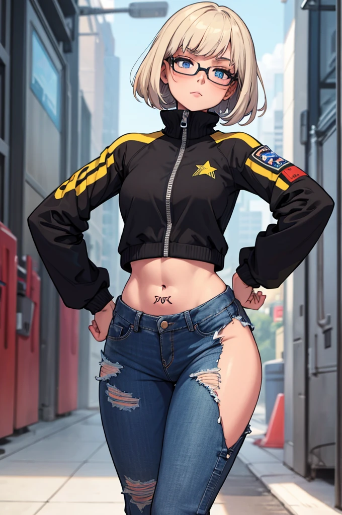 (masterpiece, best quality), 1girl, <lora:HerrscherAGGA2023_STDB_V3:1> AGGA_STDB003, blonde hair, short hair, denim jacket, black thighhighs,