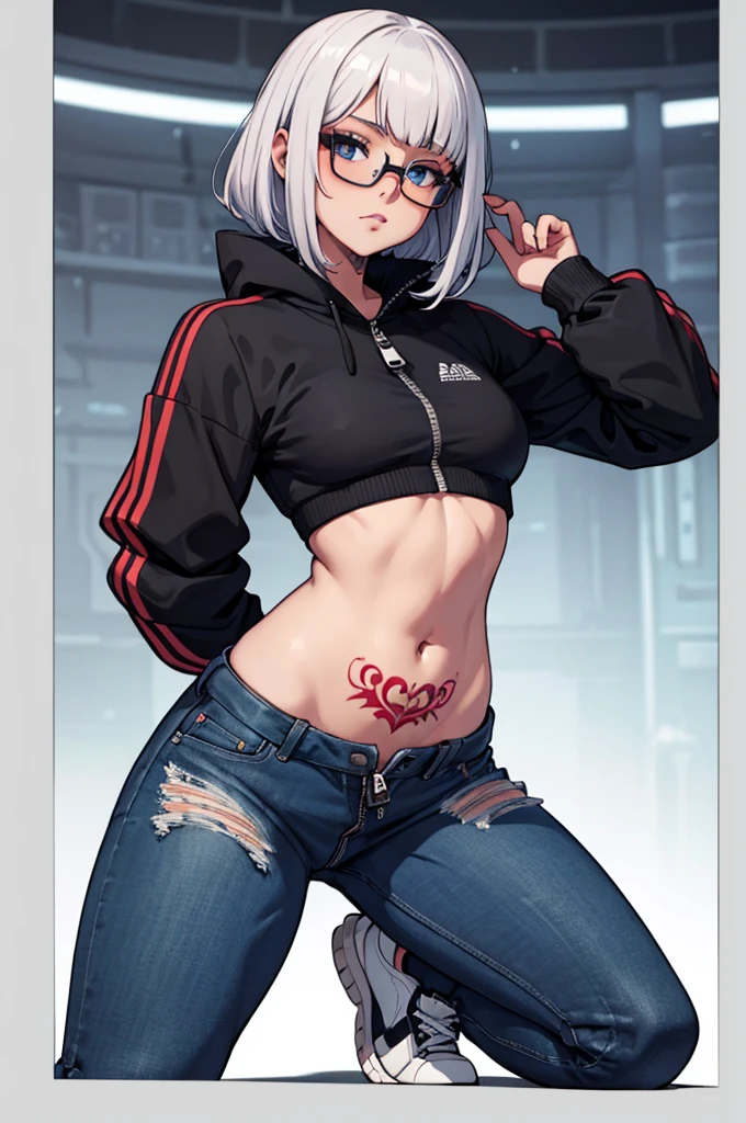 最high quality、best image quality、masterpiece、girl((20-year-old、 By becoming、vest bust、medium bust,wide open breast tea、shining eyes, silver hair、long hair、thin,highest valley、black sports bra、black sports pants、shoulder tattoo,diamond earrings、Wristband、black jacket、necklace)),high quality、beautiful art、background((Beautiful hotel room,in front of the door))、Flight、debris flies、Depth of written boundary、movie、visual art、perfect art、8K,genuine、Dynamic Performance