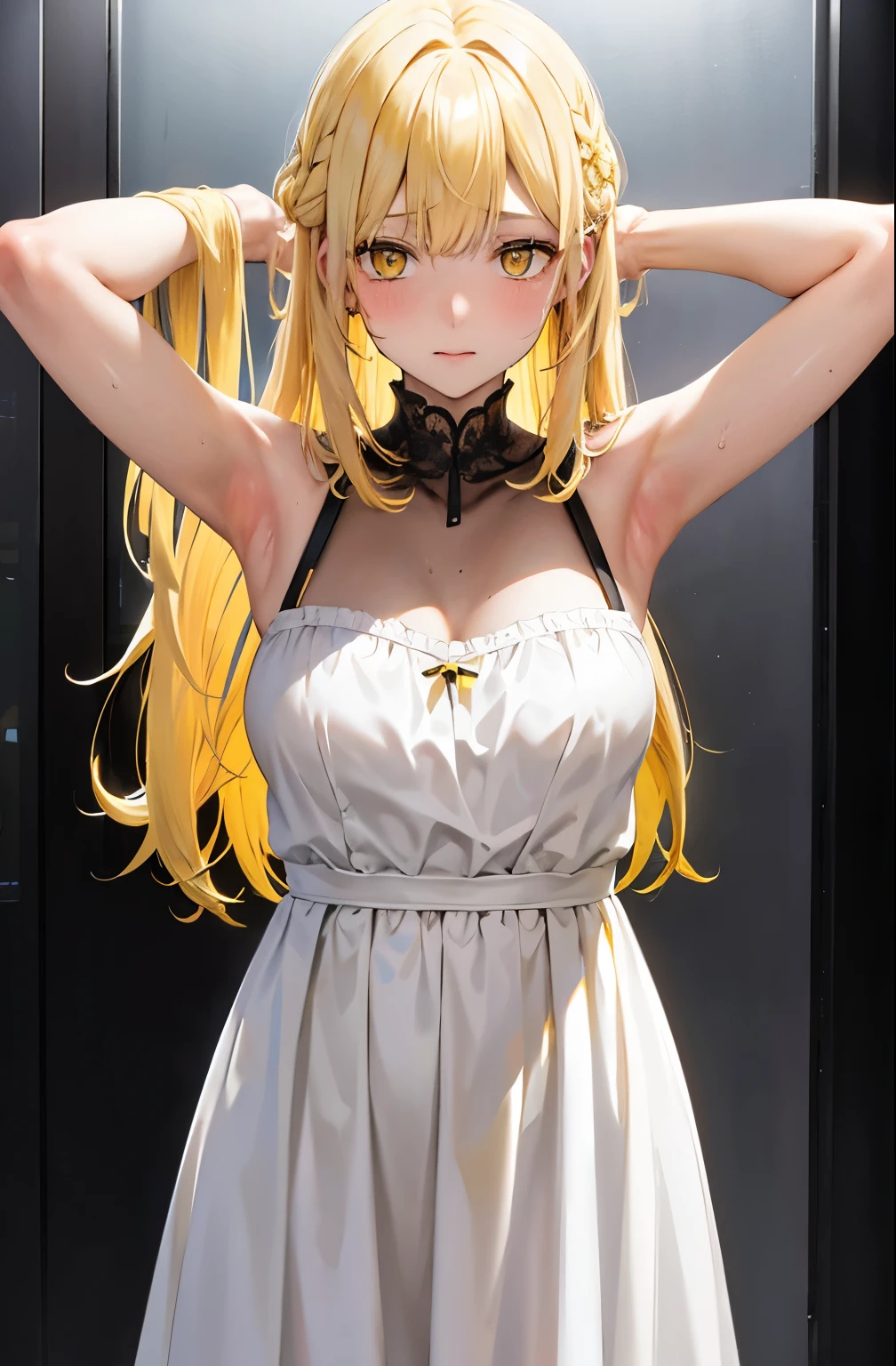 (Behind Wallenstein,Yellow hair,Long hair,Yellow eyes ),Detailed Focus:1.3, masutepiece, Best Quality, 1womanl,Woman taken from the side,Slender face,slender physique, Looking at Viewer, Cute, medium breasts, Beautiful detailed eyes, embarrassed:04,is crying:0.9,with arms up,Armpit, full of sweat,(Close-up under the armpits:1.4), robe blanche,Late night toilet background, ((mistress, Authority)),Black Dress