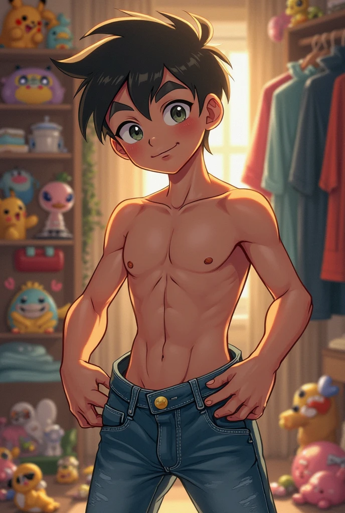 Slim boy, sexy body, pretty and delicate face, short brown hair, pink cheeks, delicate lips, pink nipples, blue eyes, scared expression. He is wearing white panties, holding a brown teddy bear, standing in the bedroom doorway at night.