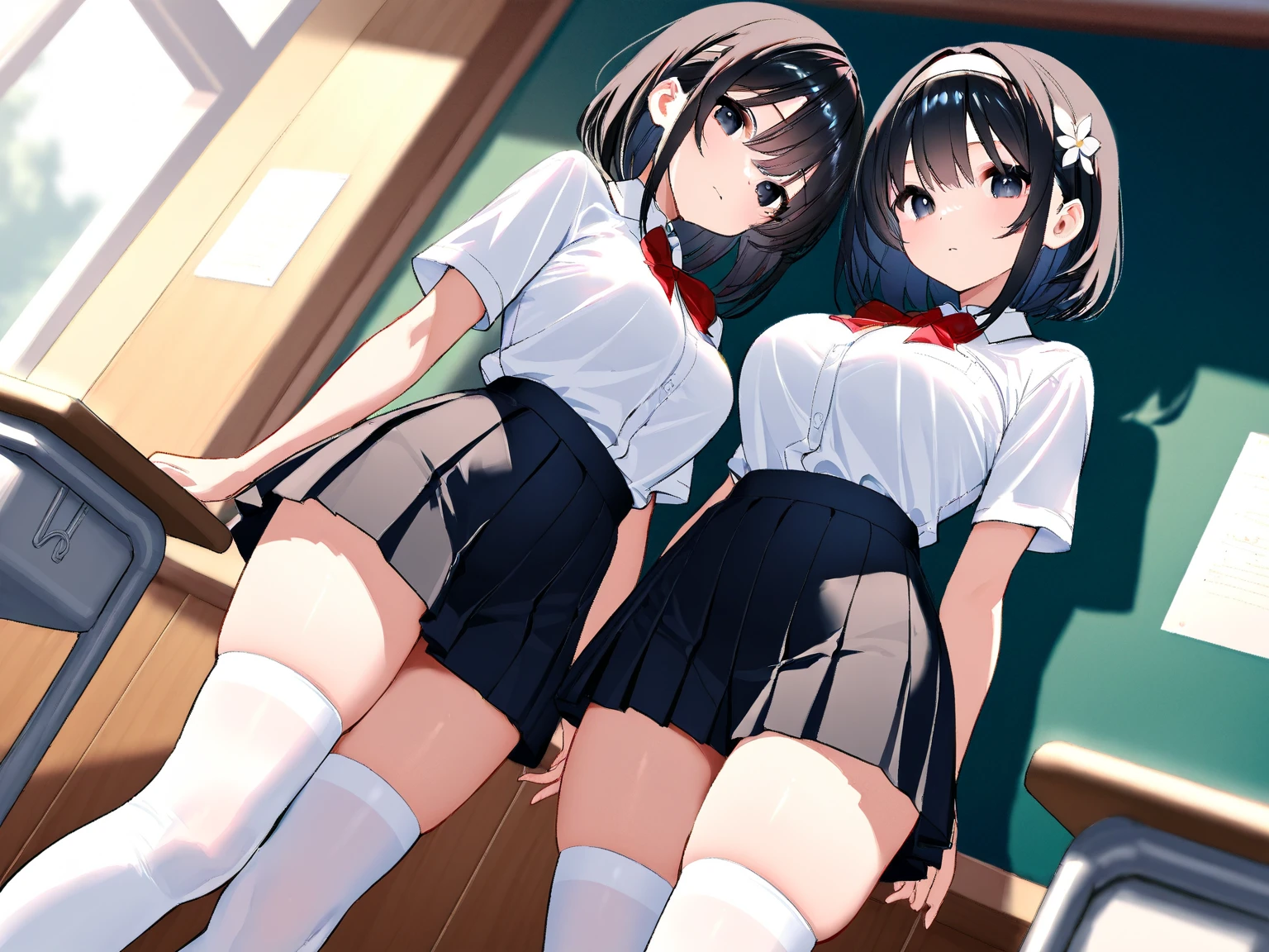 (((masterpiece, Highest quality, High resolution, 超High resolution, Pixel perfect, Written boundary depth, 4K, RTTX10.0, High resolution))), Beautiful Anime Women, Beautiful art style, Anime characters, ((Long Hair, bangs, Dark brown hair, ponytail)), ((Smooth texture, Realistic texture, Anime CG Style)), Perfect body, (Slender body:1.2), Exact finger count、Exact number of legs、(Exact number of arms:1.0, Exact number of hands:1.0), (Three women standing side by side, Lean your torso against the table to expose your buttocks., Angle from above the back:1.3), (Fashionable white shirt, Sailor collar, Knee-high socks, loafers, Pleated mini skirt:1.3), Realistic, Highest quality, High resolution, Perfect lighting, Highly detailed CG, (Perfect hands, Perfect Anatomy), (School classroom:1.3), Daytime lighting, whole body, ((Stylish shiny satin panties, side-tie white panties, Black lace trim :1.3)), (Beautiful and thin thighs、Beautiful little ass:1.3),cum in pussy,nsfw