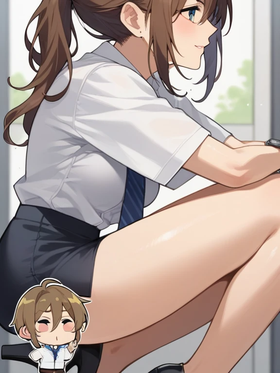 Teenage Girls,Long sleeveless black T-shirt,Light blue shorts,With hem,Brown long hair,stand,Pee,Wet clothes,Inside the room,Inside the restaurant,Tachishoben,Thighs,high quality,While standing spill liquid from crotch,Emphasis on embarrassment,脚を開いてstand
