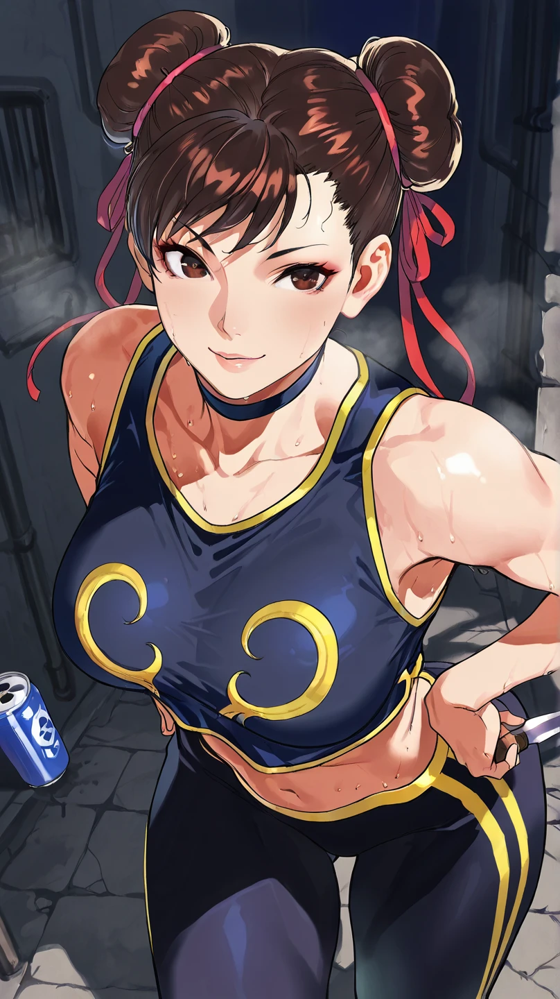 (masterpiece, best quality:1.2), chun li from street fighter, cowboy shot, solo, 1girl, shihouin yoruichi, smile, looking at viewer, ponytail, leotard, thighhighs, white scarf