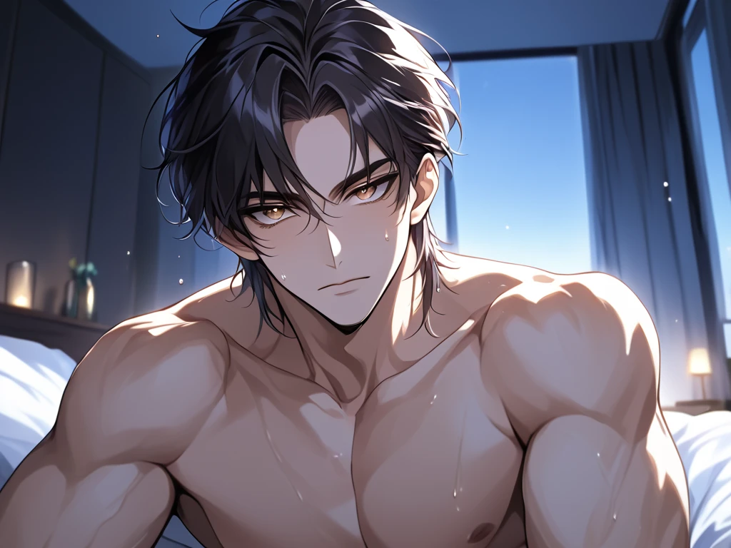 Angle from below,male, 30 years old,male1 person、,Adult,A sadistic atmosphere,Black Hair,Sharp Eye,Lewd Eyes,Take off your shirt,Face close-up,sweating,,smile,Background: dark sex room, intimate lighting, imminent sex, muscular, athletic build, bara, shirtless, lewd, horny look, pectorals showing, abs showing, sleeveless, no tie, one arm reaching to viewer, dark lighting, black thong, very sweaty, bdsm, naked, wet body, strong muscular back, strong muscular chest, contrasting light, dark room, tears, tear drops, condesation on skin, many droplets on skin, sweaty abs, sweaty chest, angle looking up at ceiling, square ceiling light, dark background